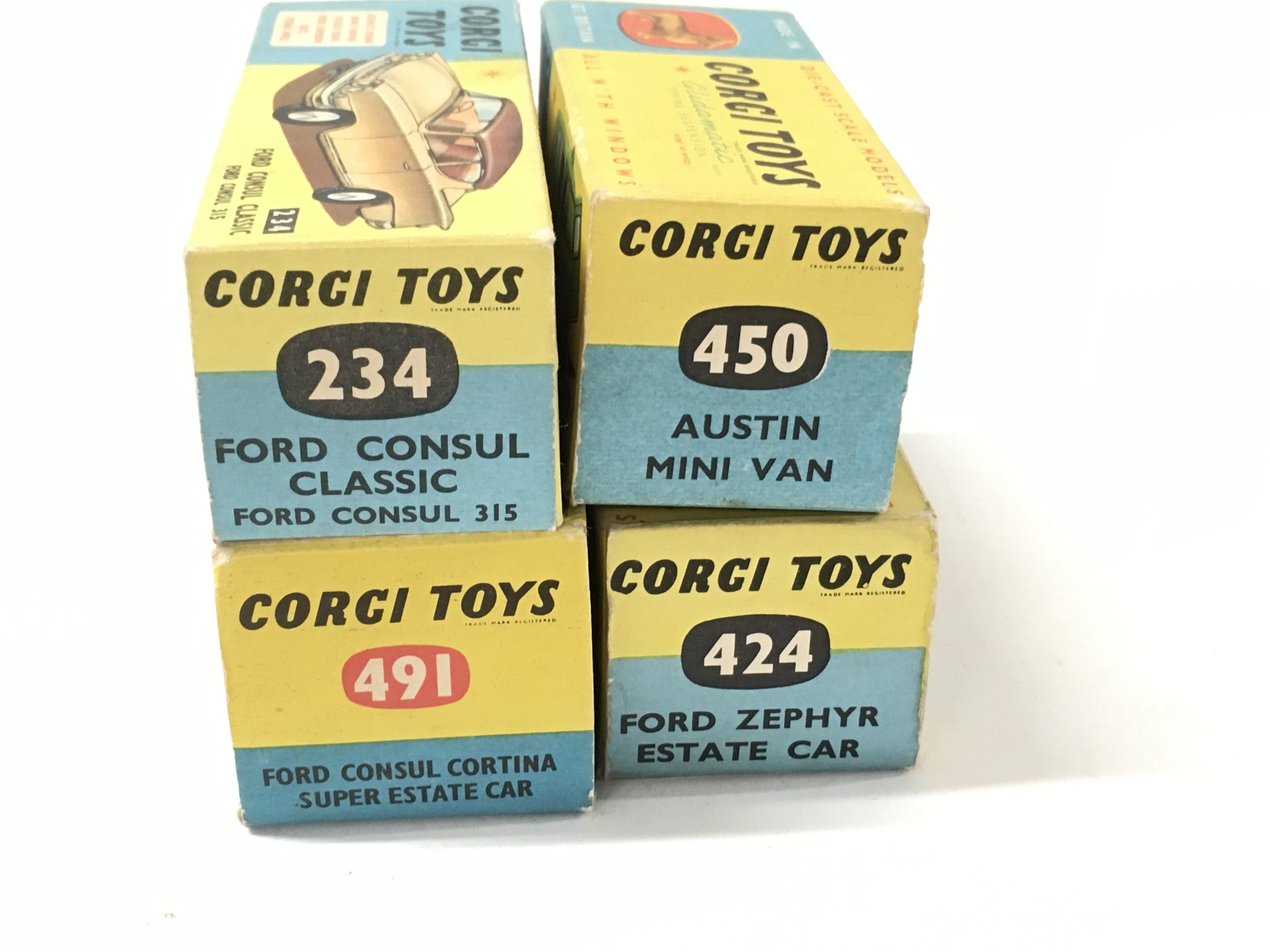 A collection of 4 boxed diecast cars by Corgi includes No234 a Ford Consul Classic..No424 a Ford Zephyr Estate with whitewall tyres..No450 a Austin Mini van and No491 a Ford Consul Cortina super estate car.