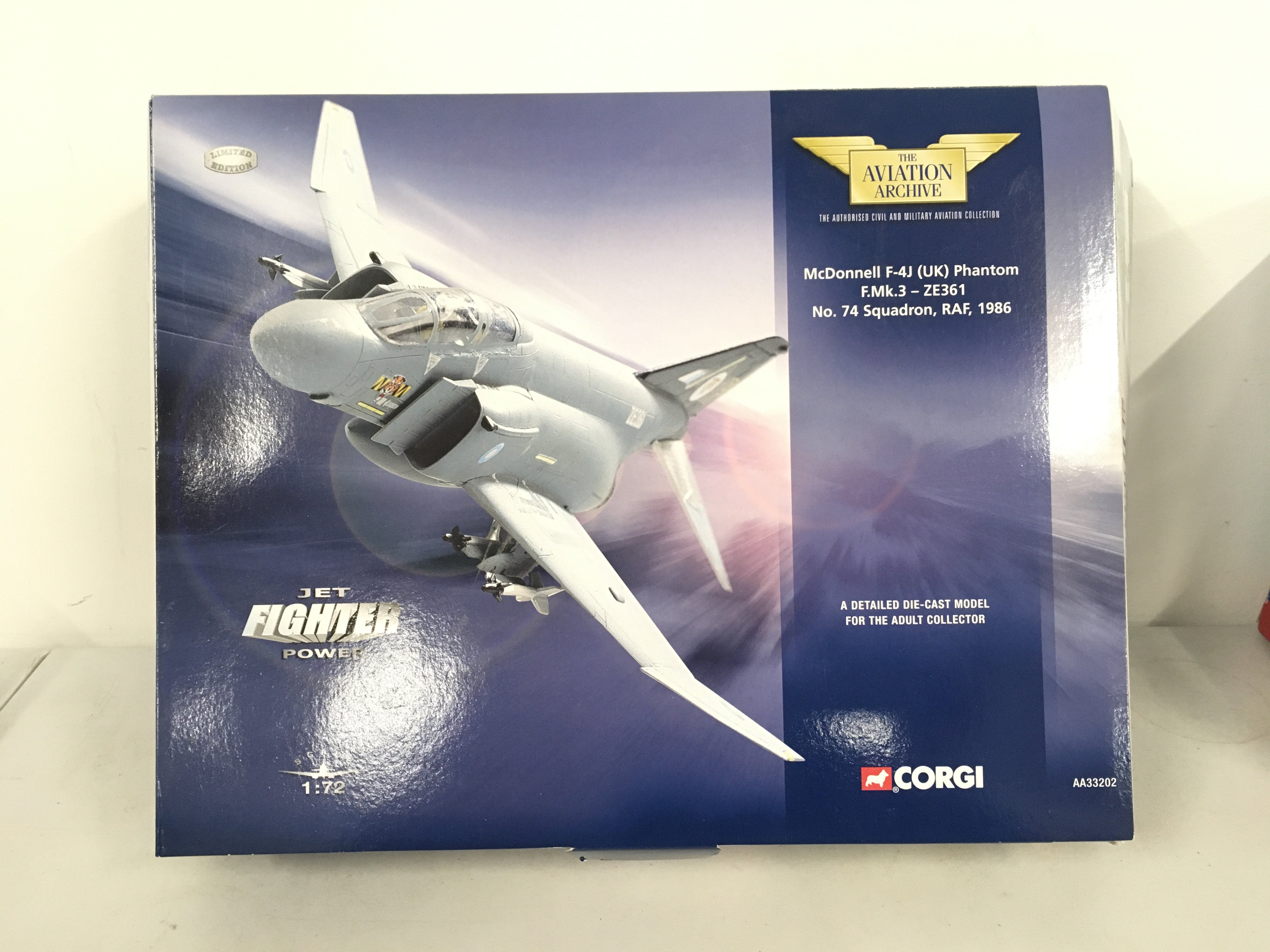 A boxed and sought after model aircraft by Corgi from the Aviation Archive collection. AA33202 a McDonnell F4J (UK) Phantom F.Mk.3 ZE361. No 74 Squadron RAF 1986