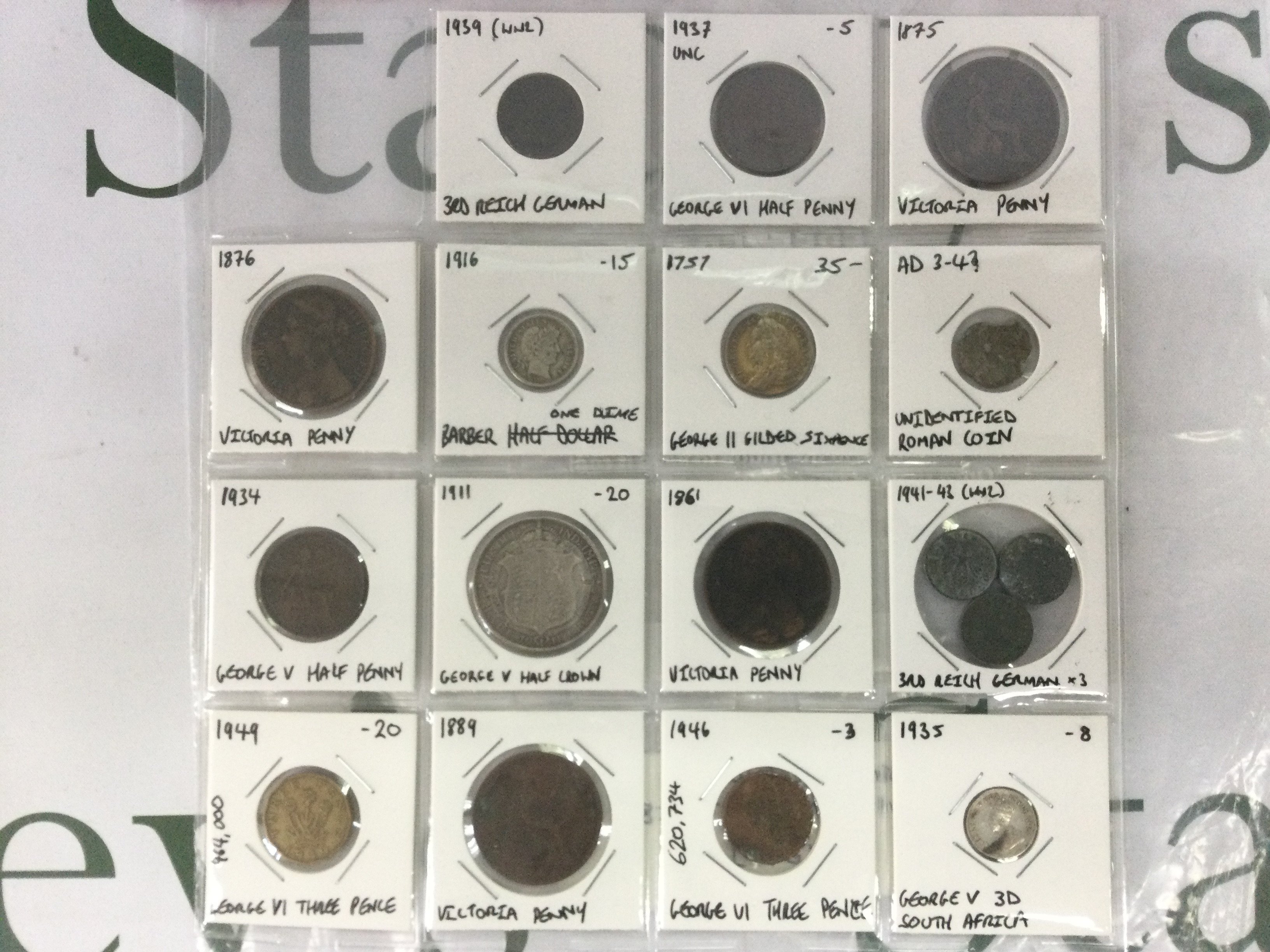 A collection of assorted coinage including a 1757 George II gilded sixpence, a 1911 George V half crown, a 1949 George VI three pence piece etc. Shipping category A.