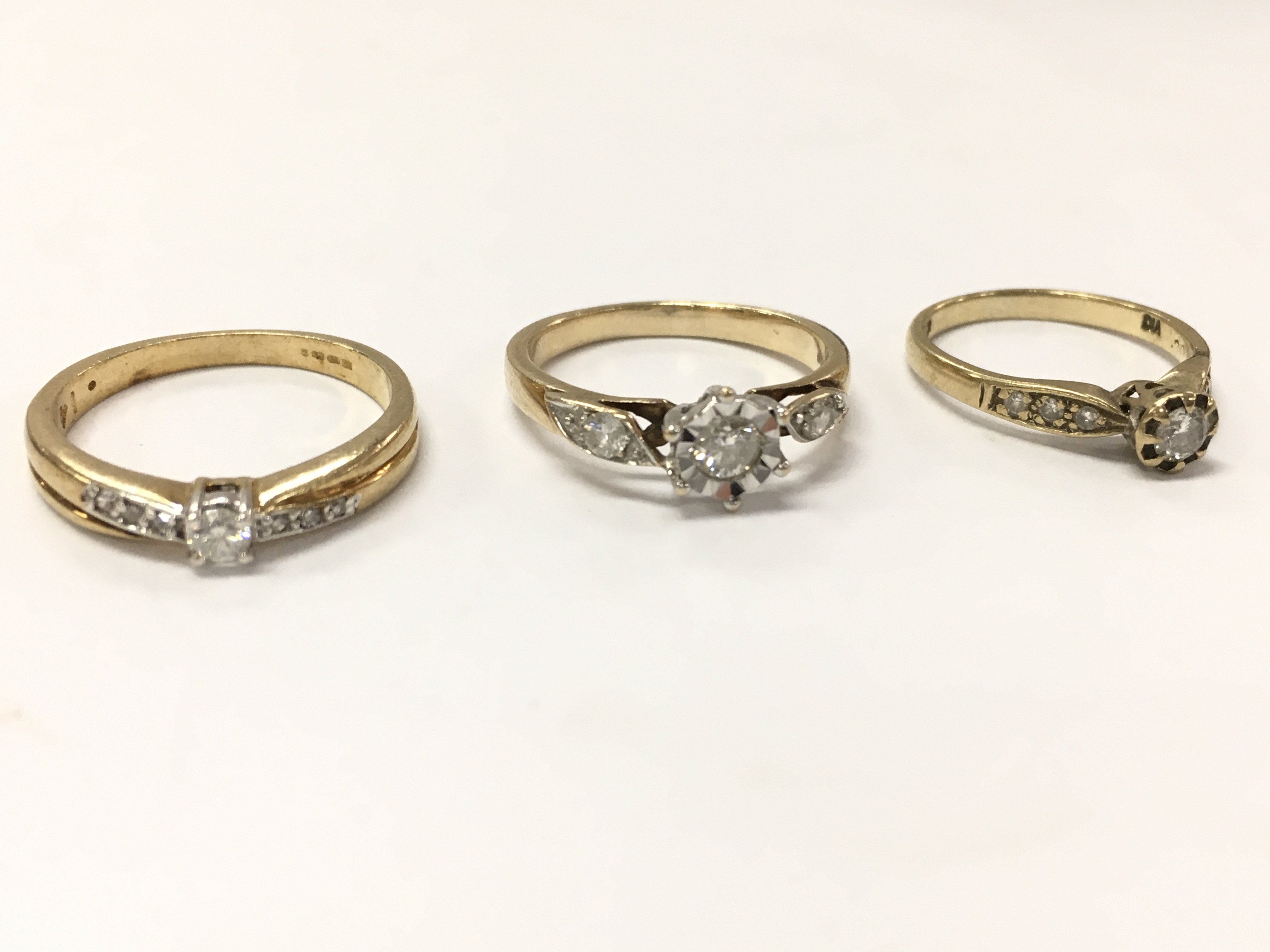 9ct gold diamond solitaire rings with diamond shoulders , 6g total weight, size N ,K, I. postage category A