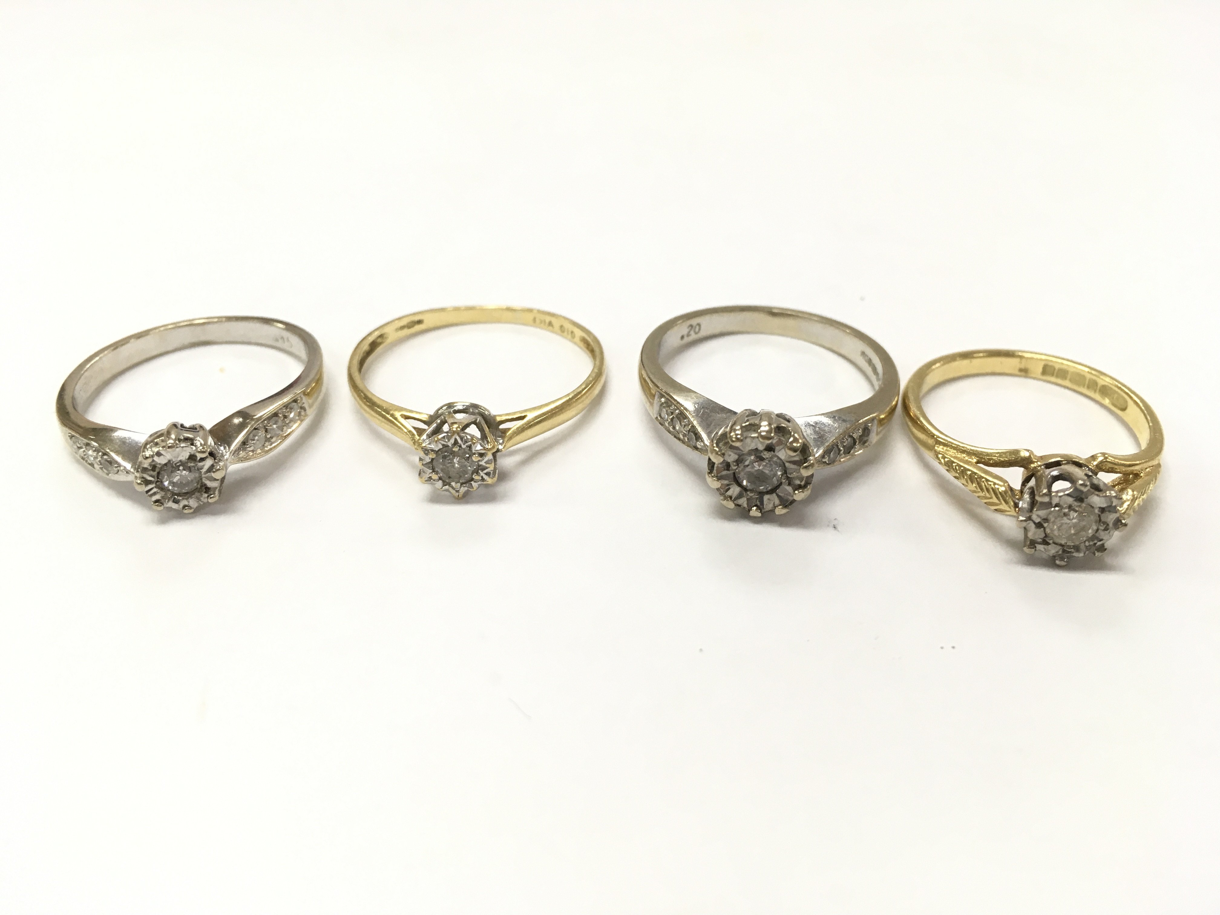 18ct gold diamond solitaire rings , size I, K, M 10.4g total weight. Postage category A