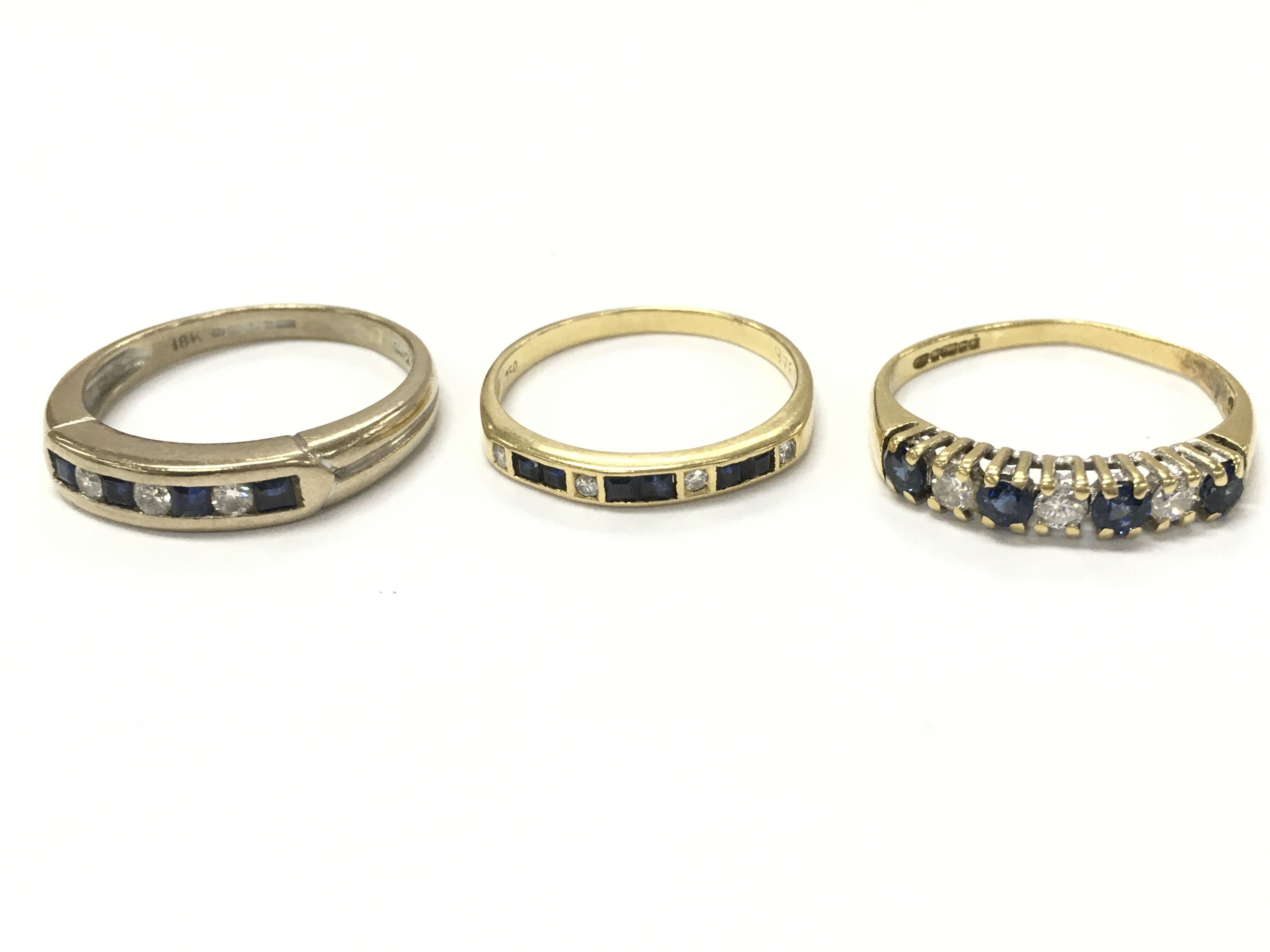 18ct gold rings sapphire and diamond 1/2 hoop rings . Sizes M, M, P 7.6g total weight