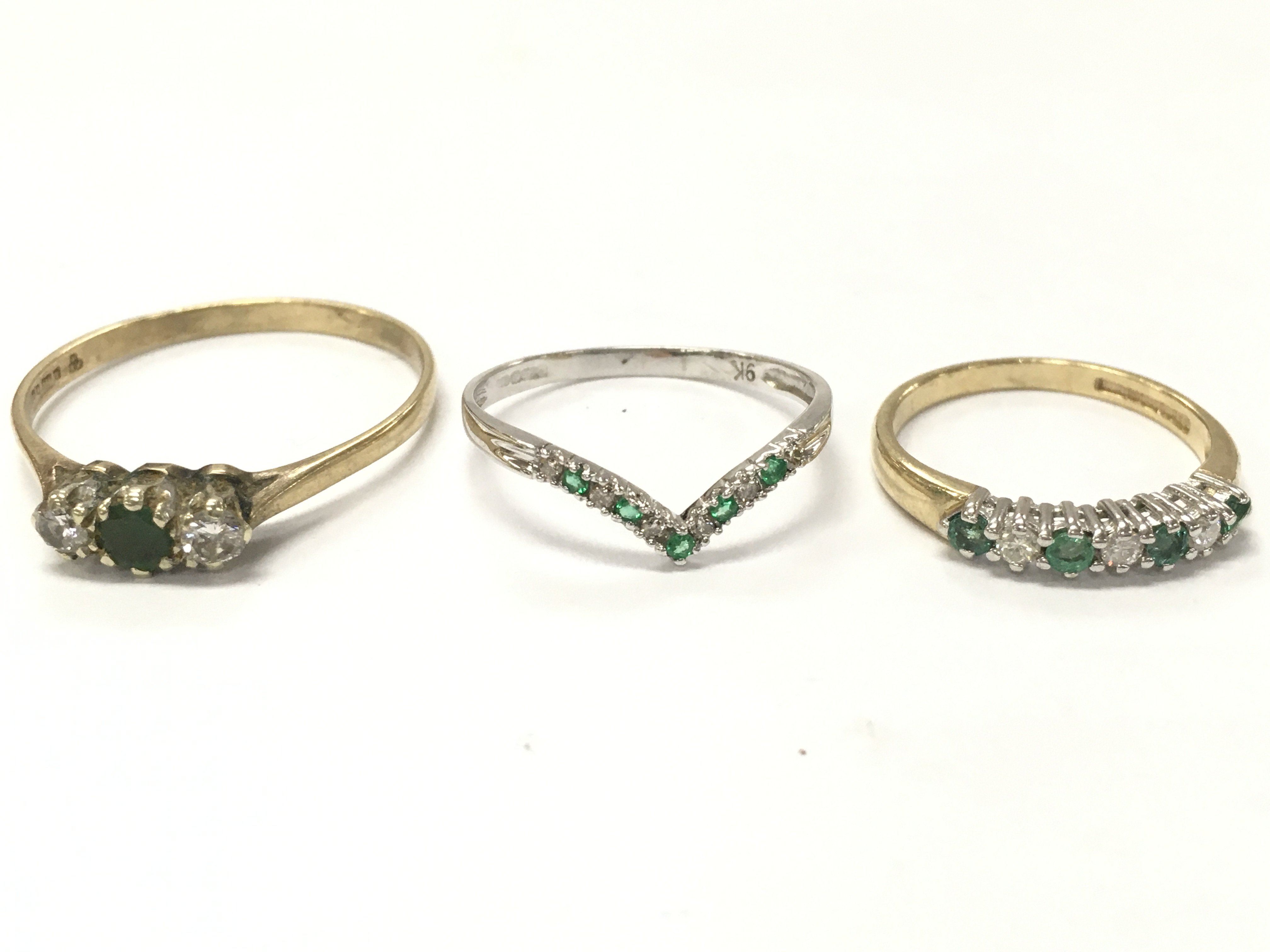 9ct gold emerald and diamond rings , sizes J,O,W 4.2g total weight. Postage category A