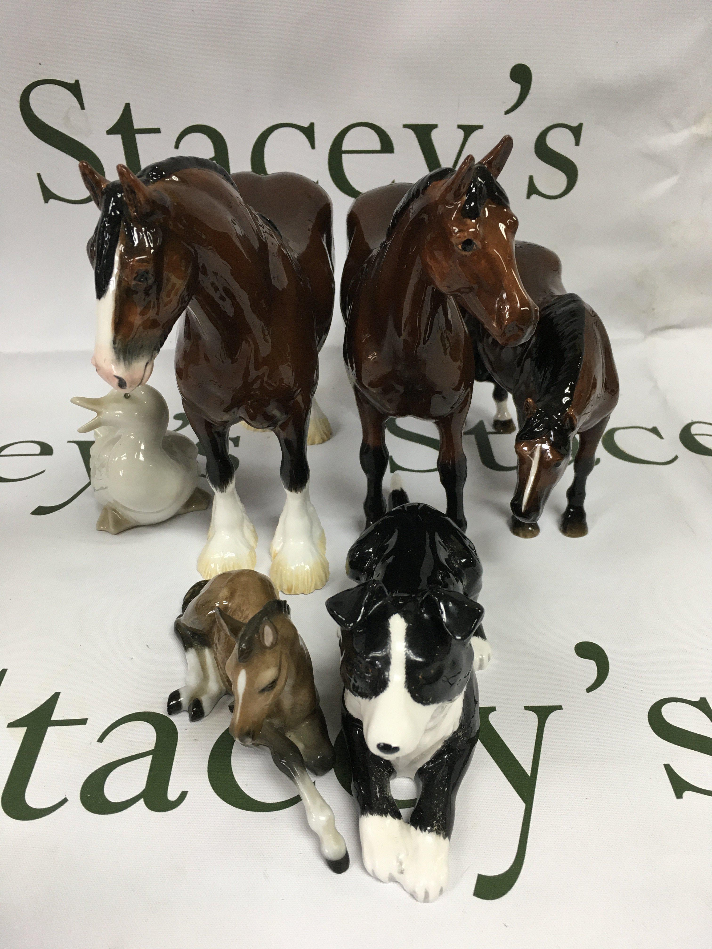 A collection of animal figures including Beswick comprising four horses ,border collie , and duck .