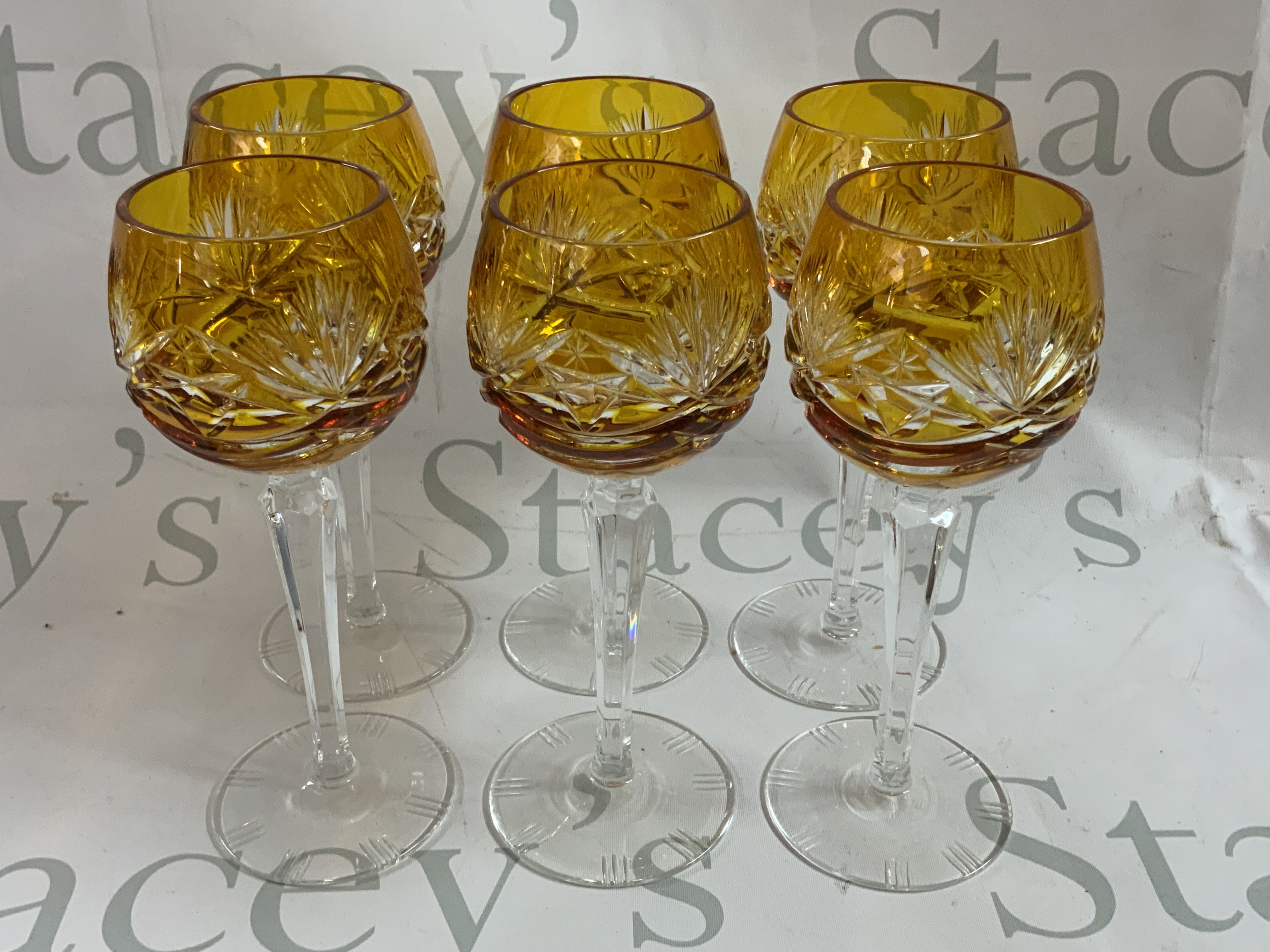 6 Bohemian crystal hoc glasses.