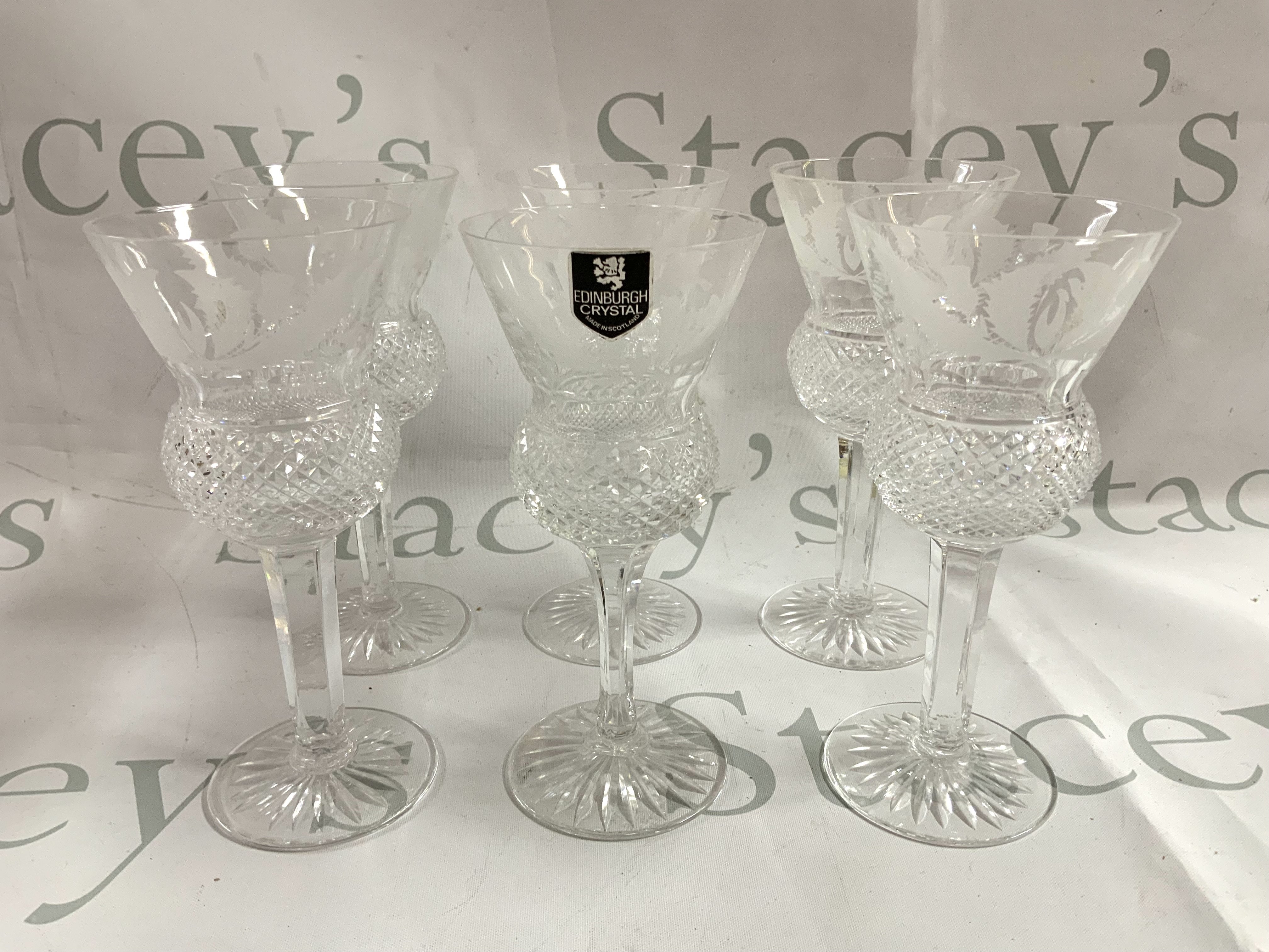 6 Edinburgh crystal thistle design wine glasses. 17cm (A)