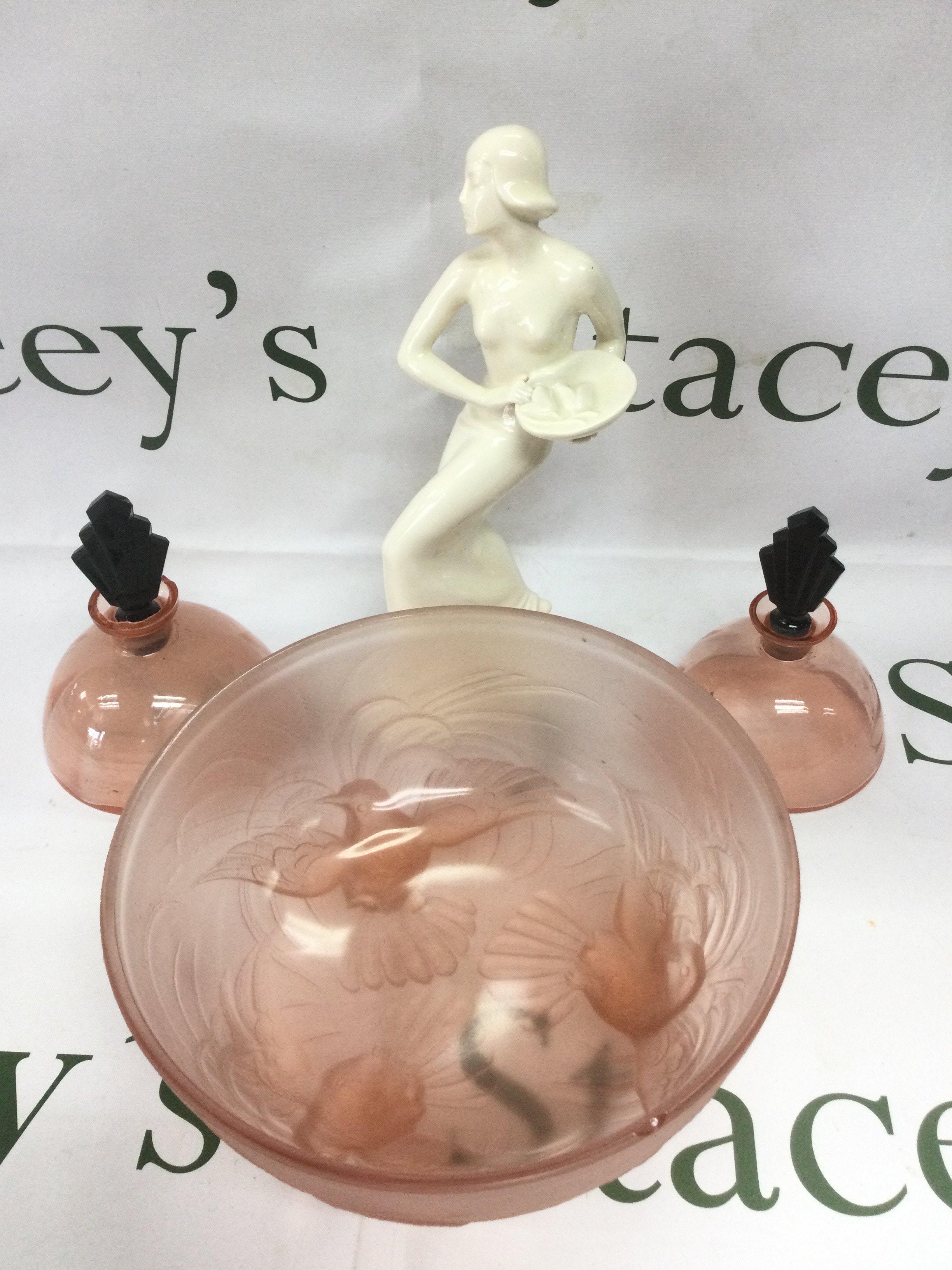 A large smoked glass dish, an Art Deco style figure of a lady, a pair of Deco style perfume bottles etc. Shipping category D.