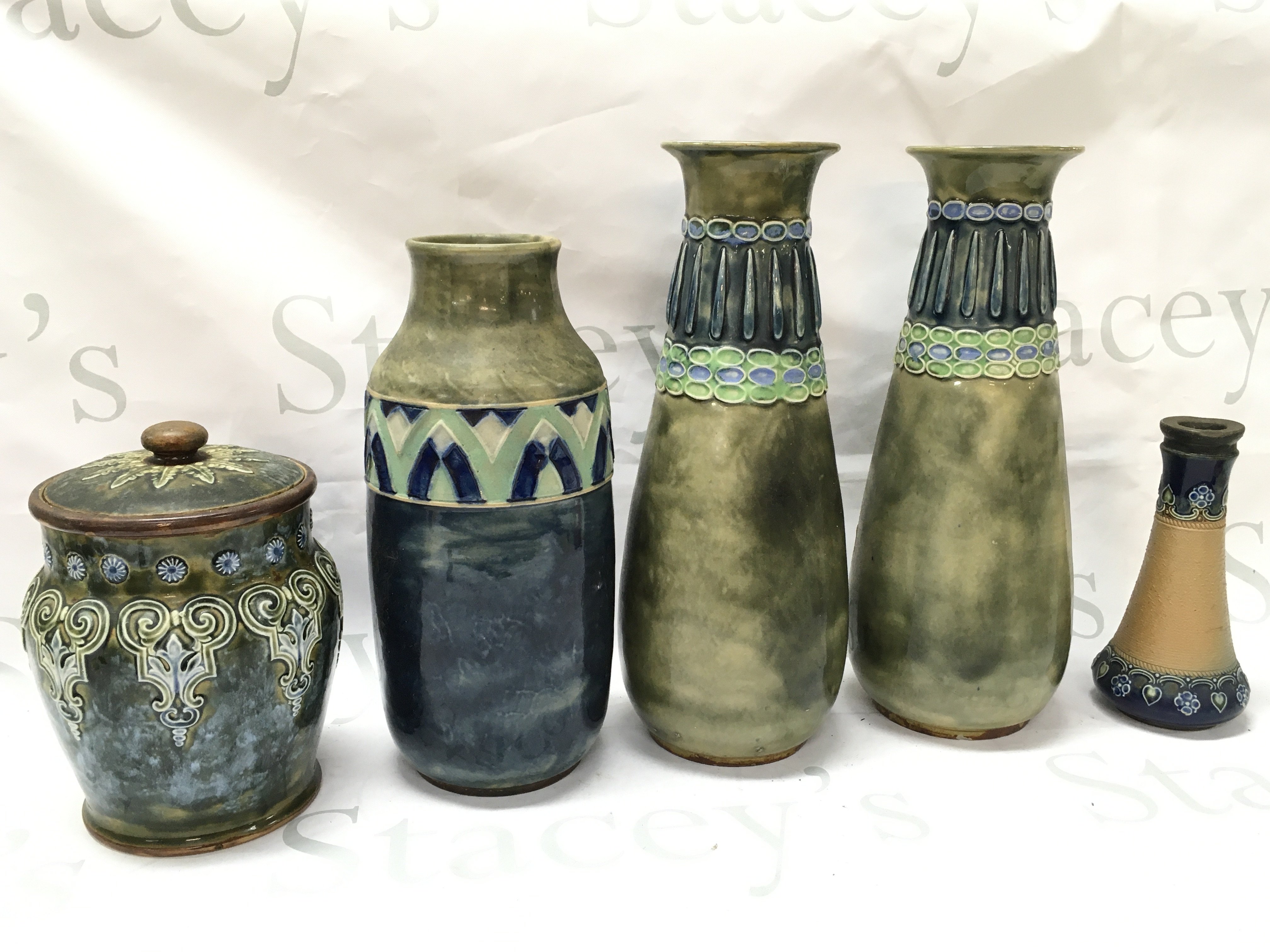 Royal Doulton stoneware vases . Heights ranging from 16 & 29cm This lot cannot be posted