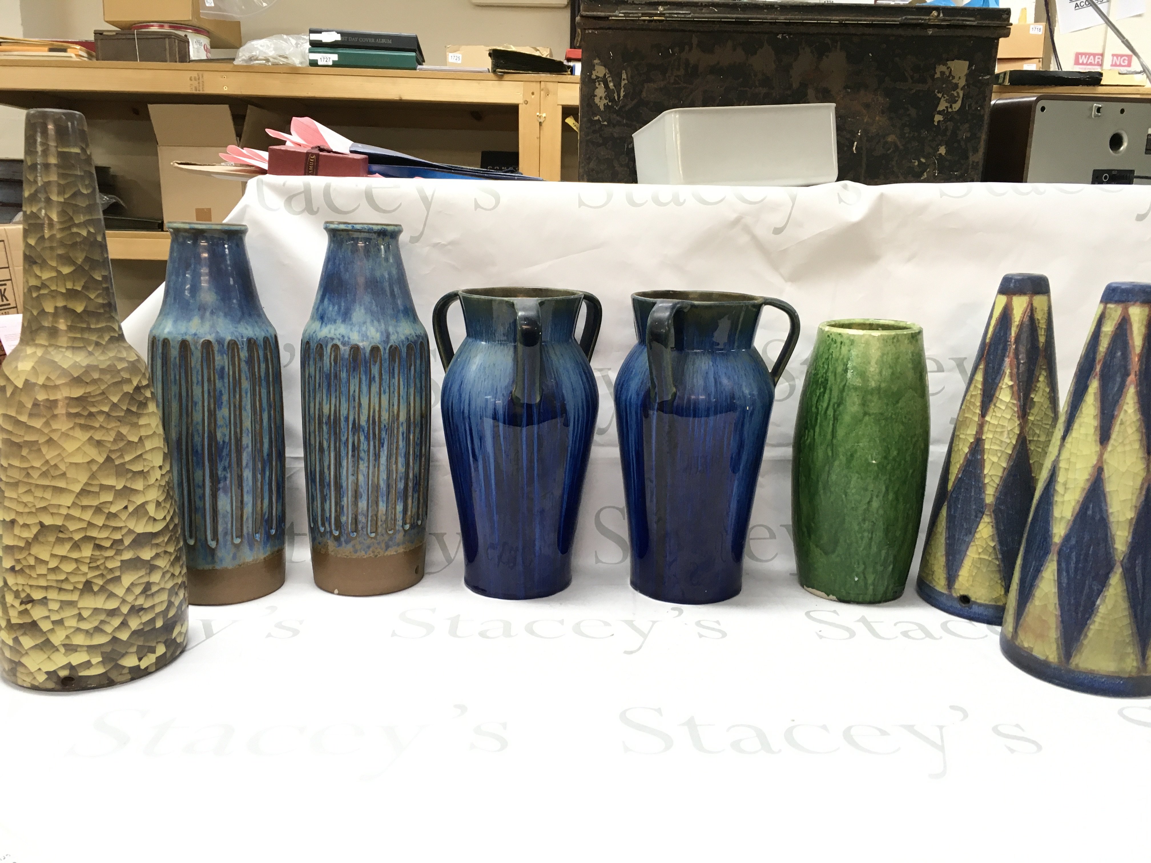 A collection of ceramic vases , made in Denmark . Pair of Bourbe Densy English vases, Bomholm Denmark vases. This lot cannot be posted