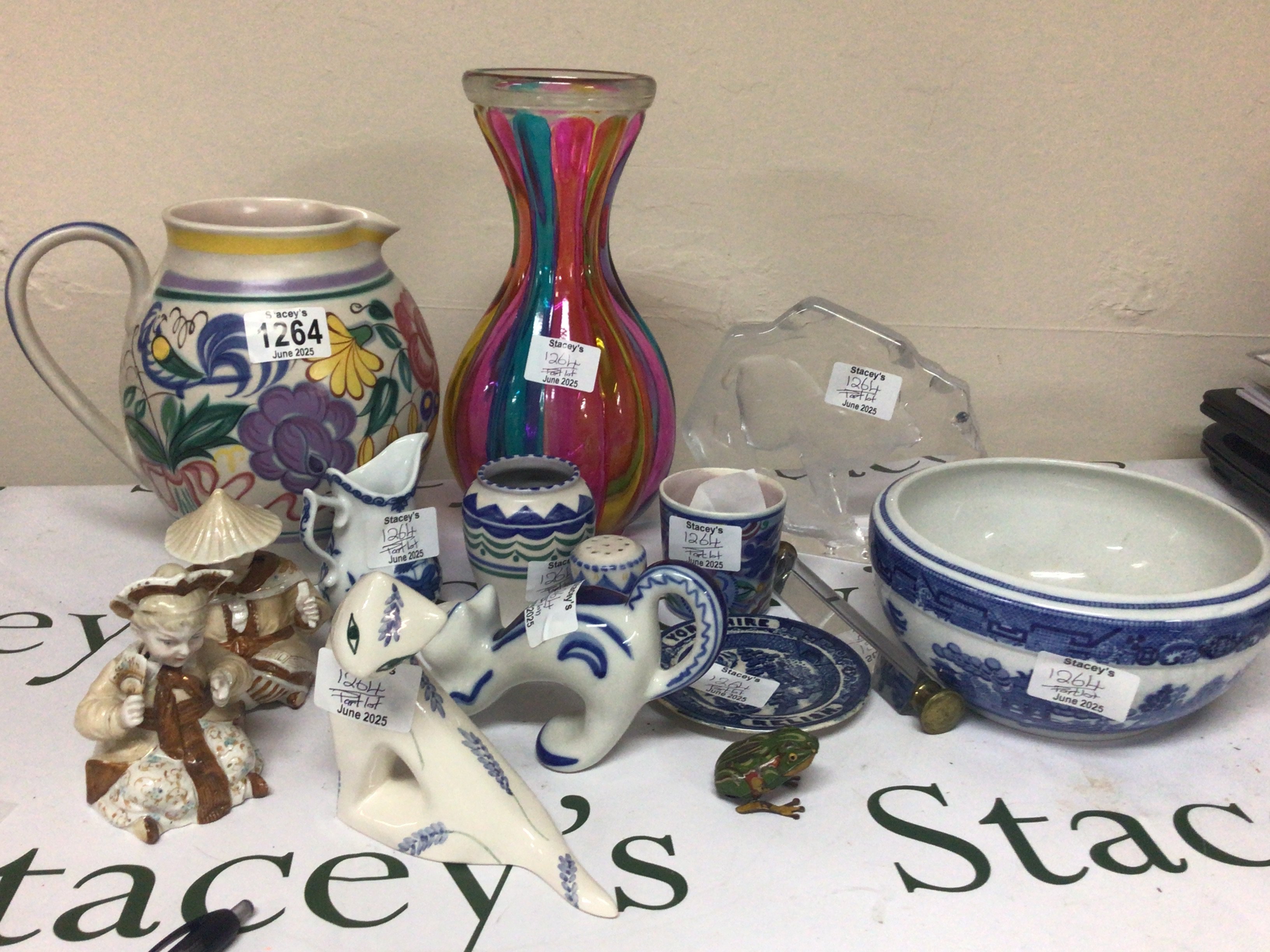 A collection of ceramics and oddments a Poole jug penny tin plate clockwork frog jersey pottery and glass.