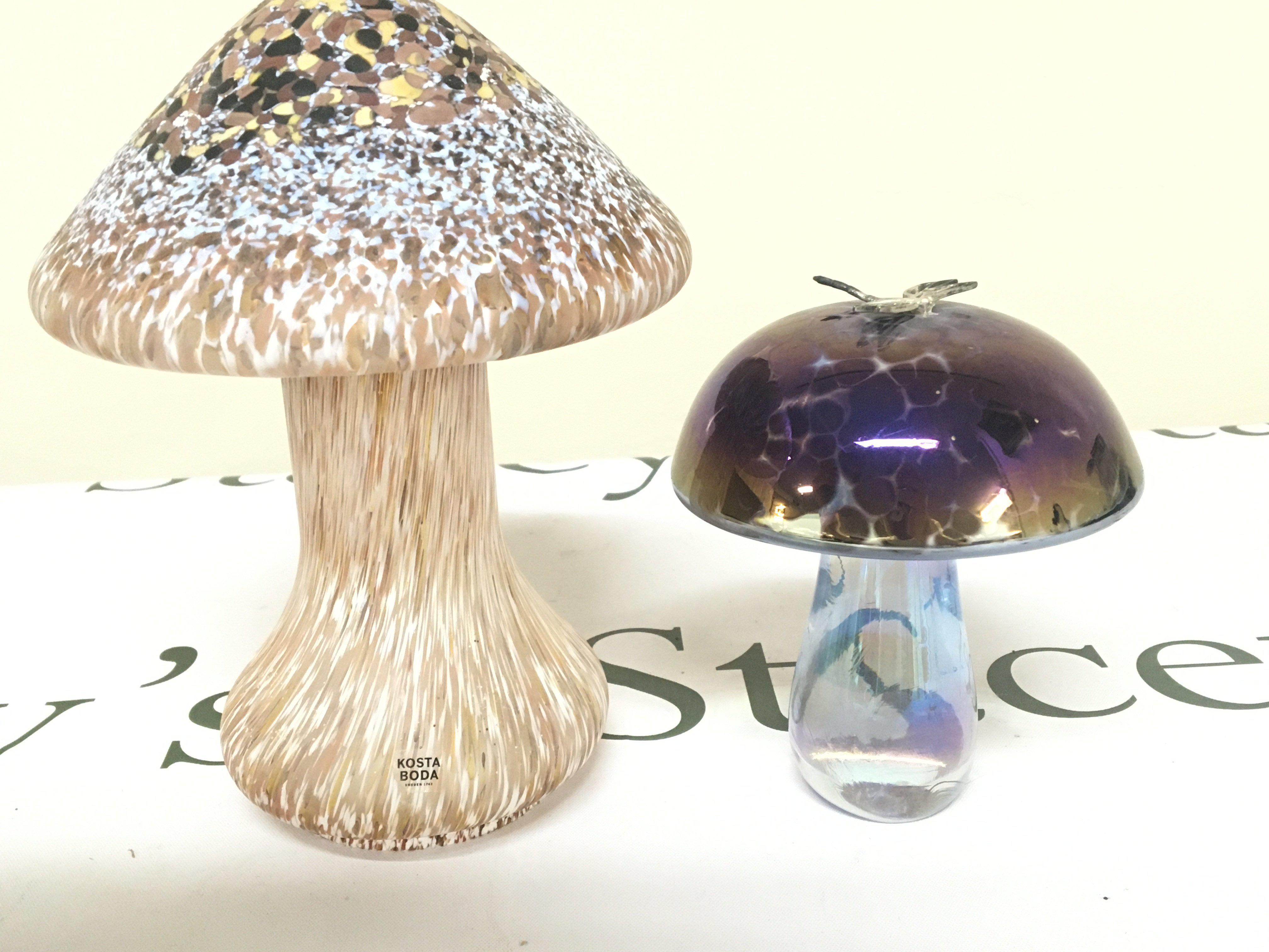 A Kosta Boda art glass mushroom ornament and signed Ditchfield Glassform glass mushroom. With applied dragon fly Hight 20cm no obvious damage.