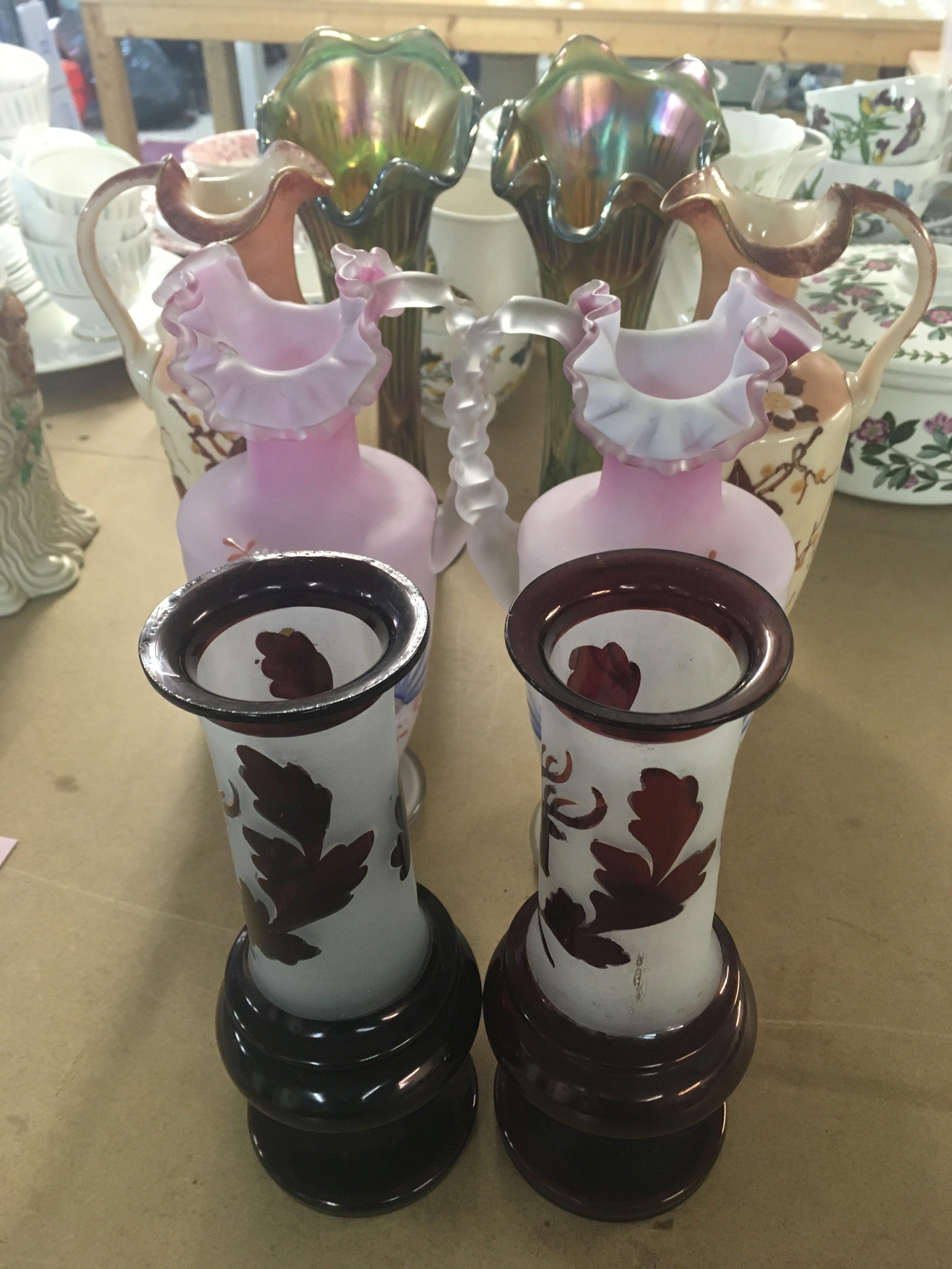 Four pairs of glass vases including carnival.