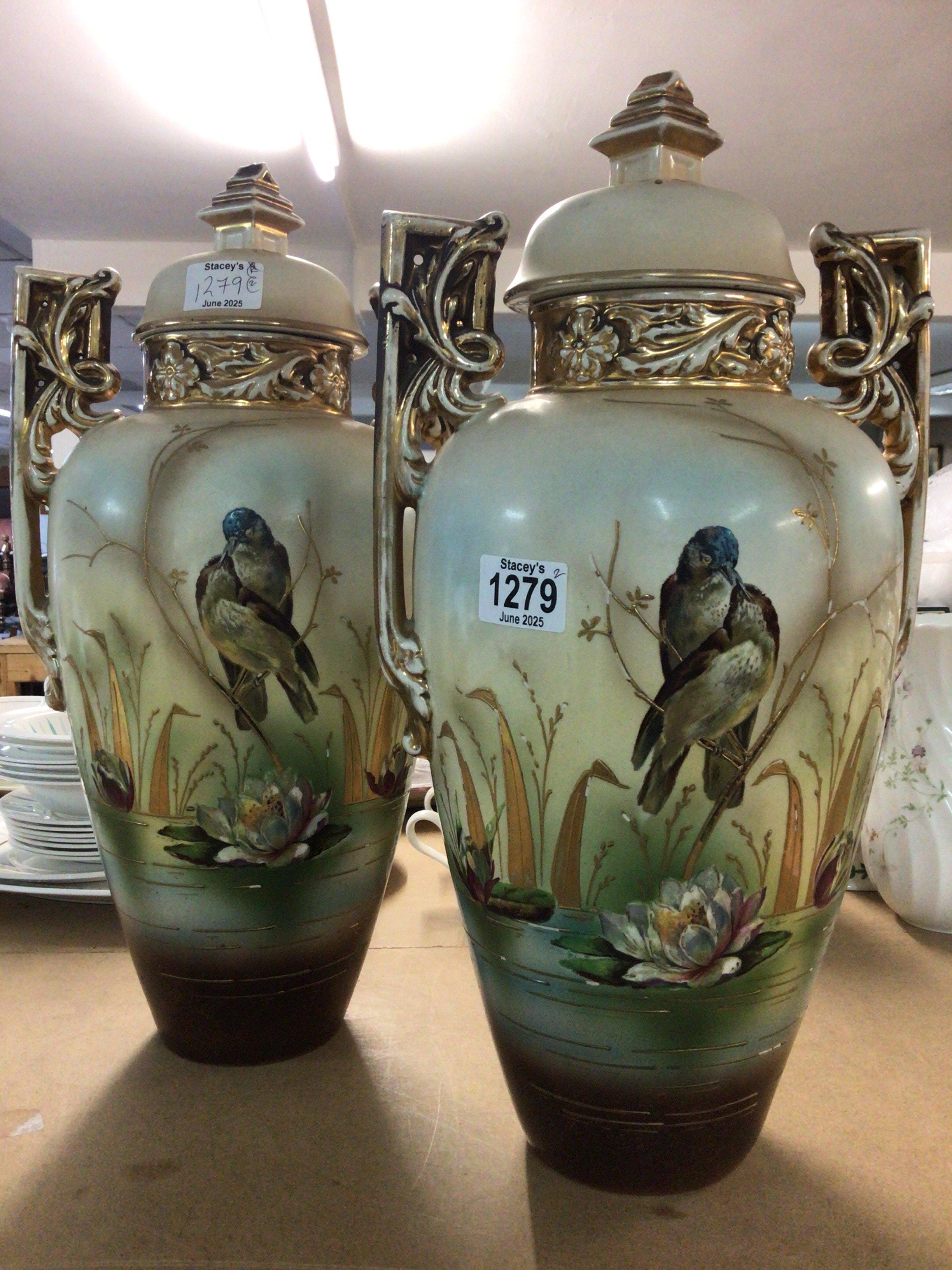 A pair of Victorian style vases with lids, decorated with Reed Warblers and Lilly pads. NO RESERVE