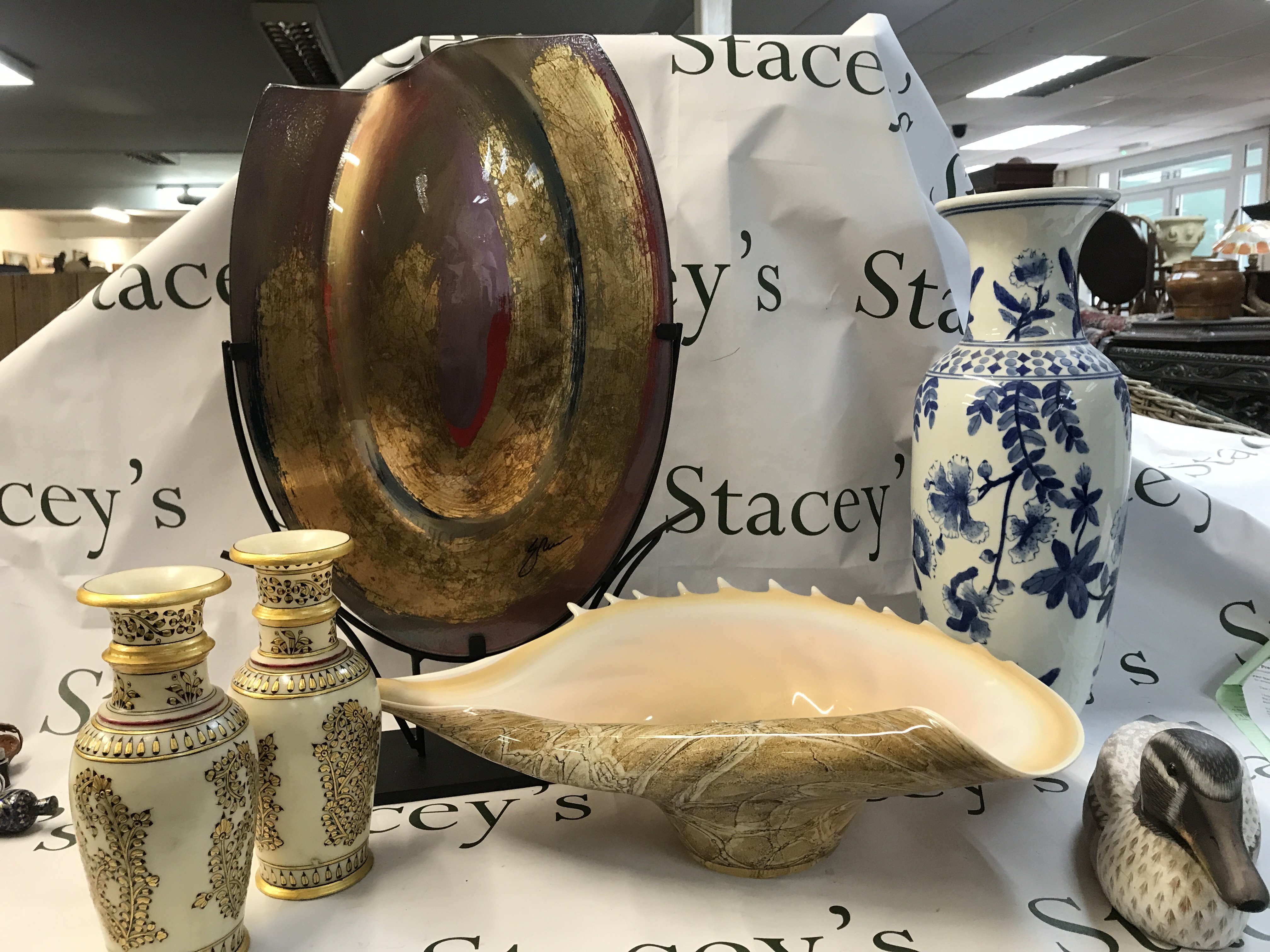 Art glass conch shell dish , signed art glass dish, pair of vases, duck figure , blue and white vase. This lot cannot be posted