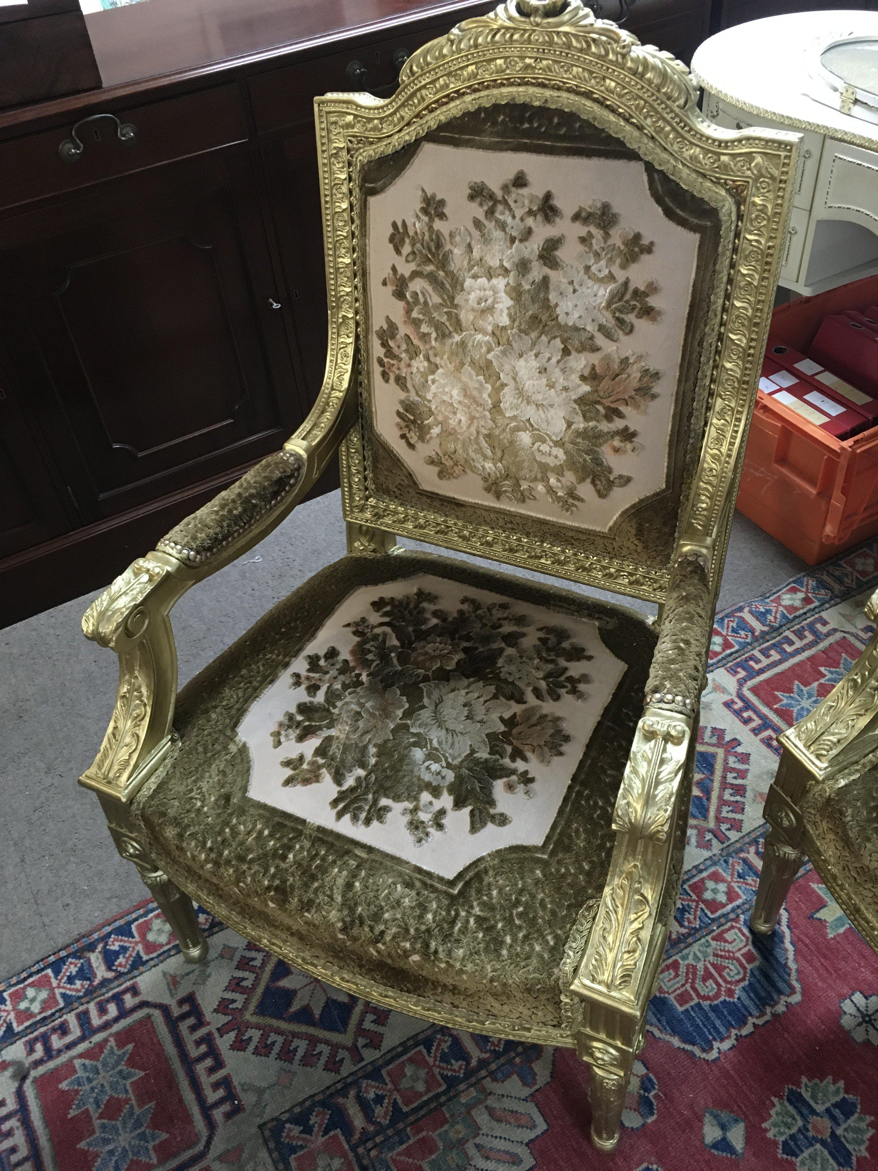A French Louis XV Gilt three piece with woven floral patterns. 116cm tall
