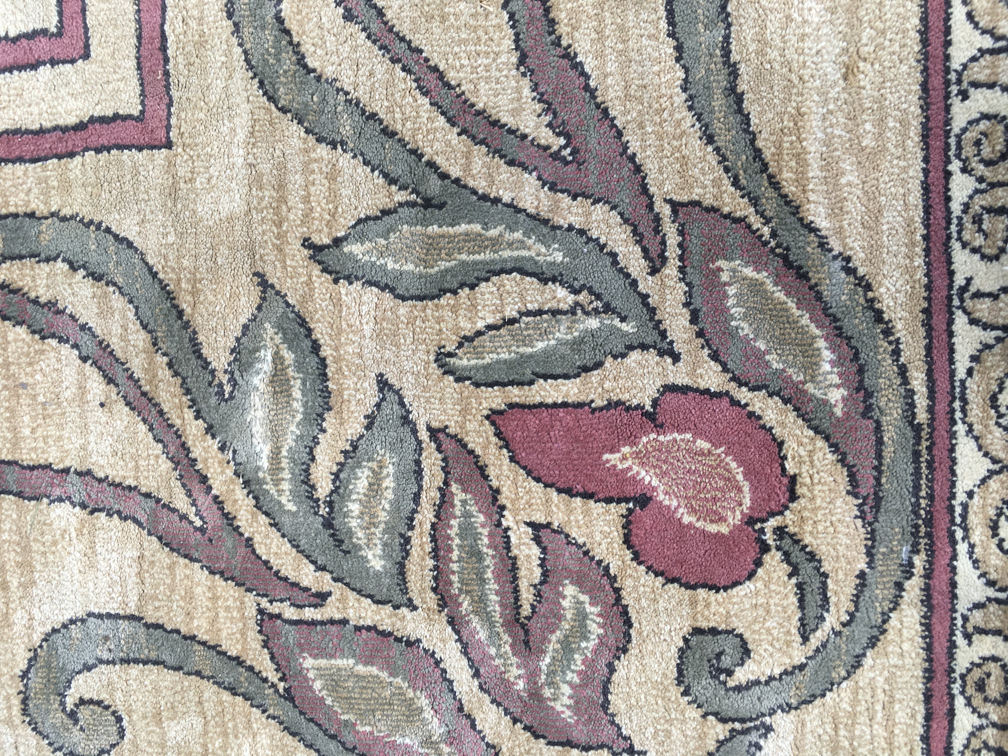 A silk carpet with central foliage pattern repeat pattern boards on a ivory field .6 ft 6 by 9 ft 6 .