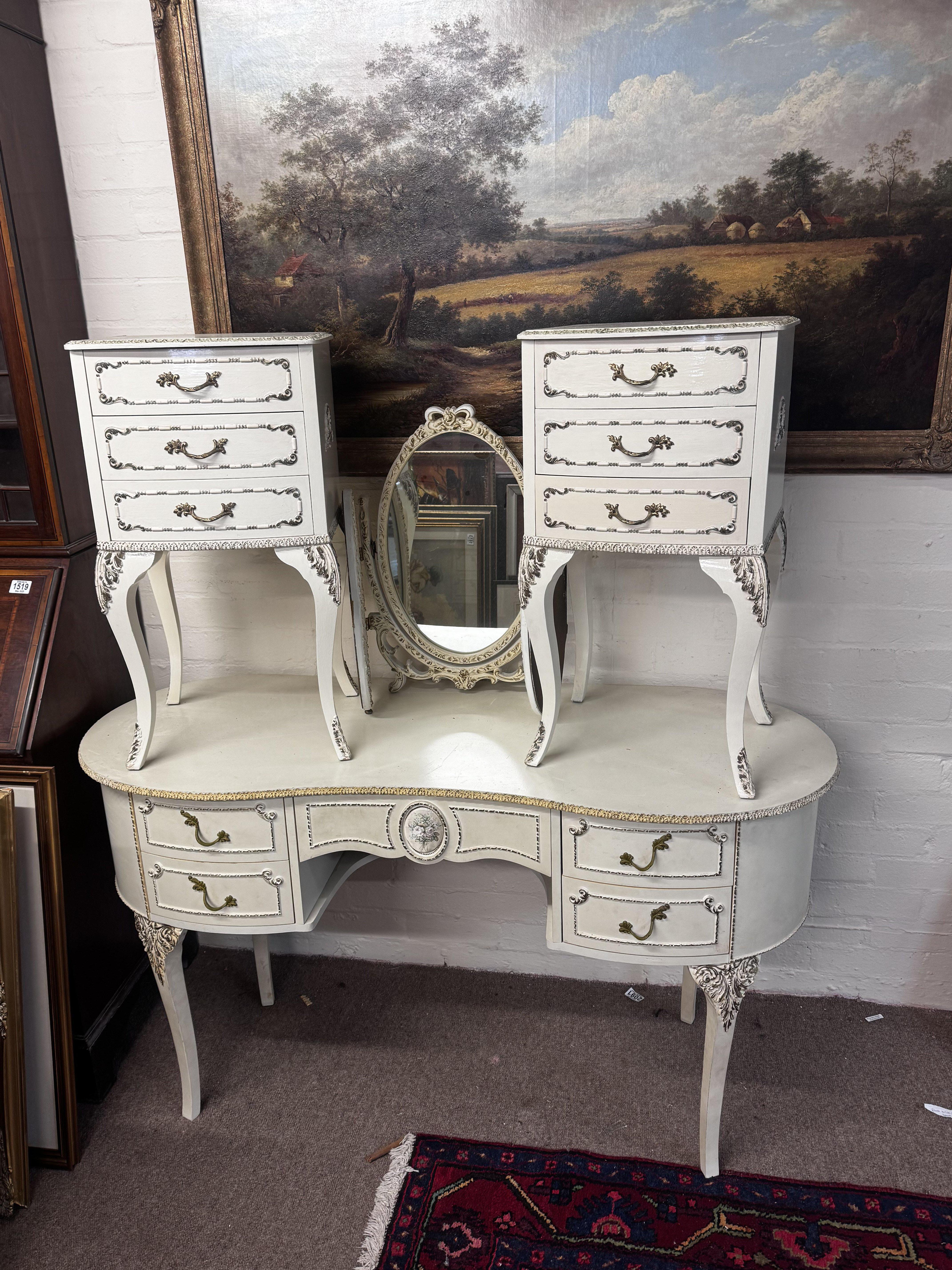 White painted bedside cabinets, dressing table and folding mirror. (D)