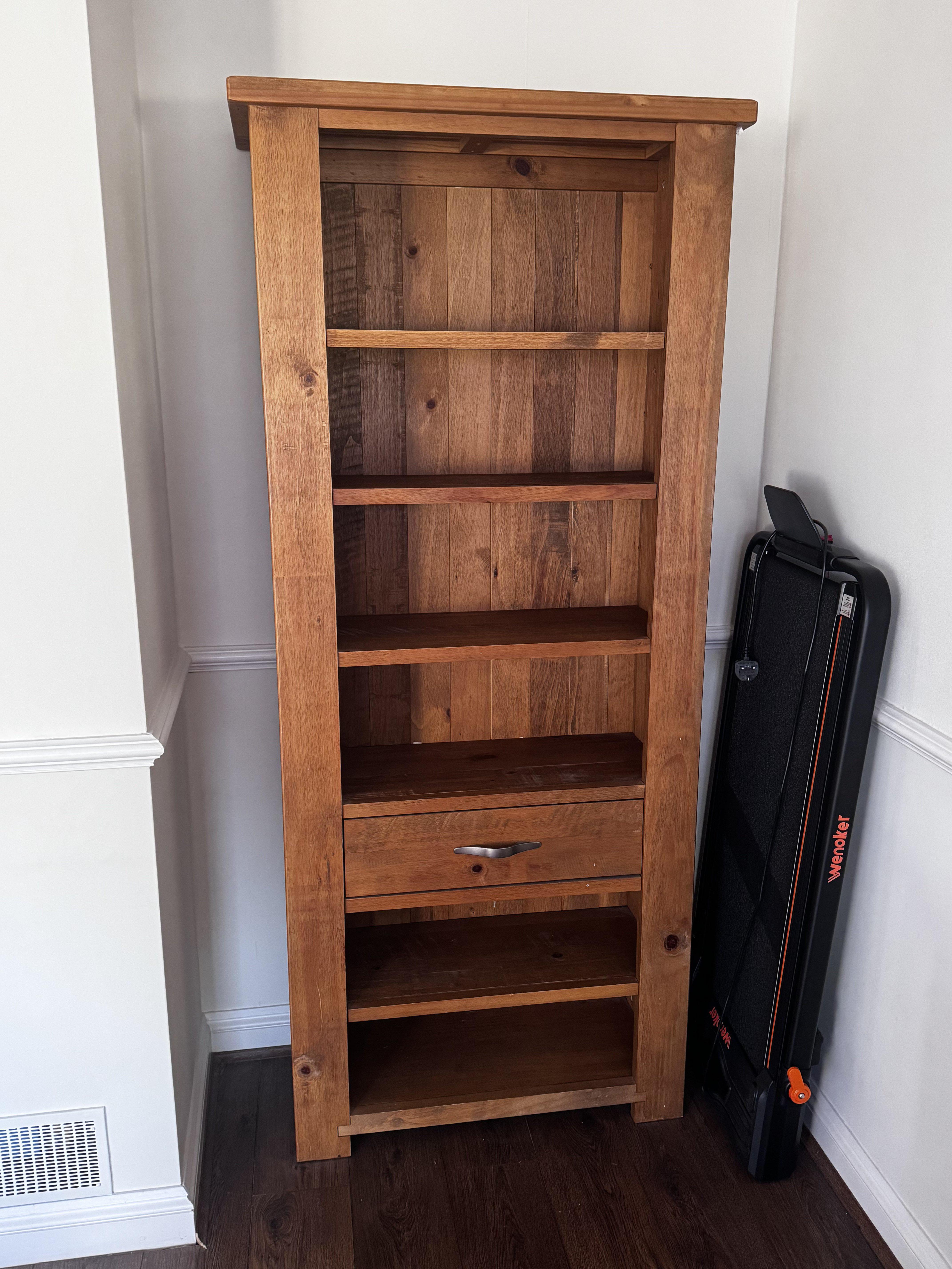 A modern pitch pine open bookcase with single central draw. 200cm x 88cm