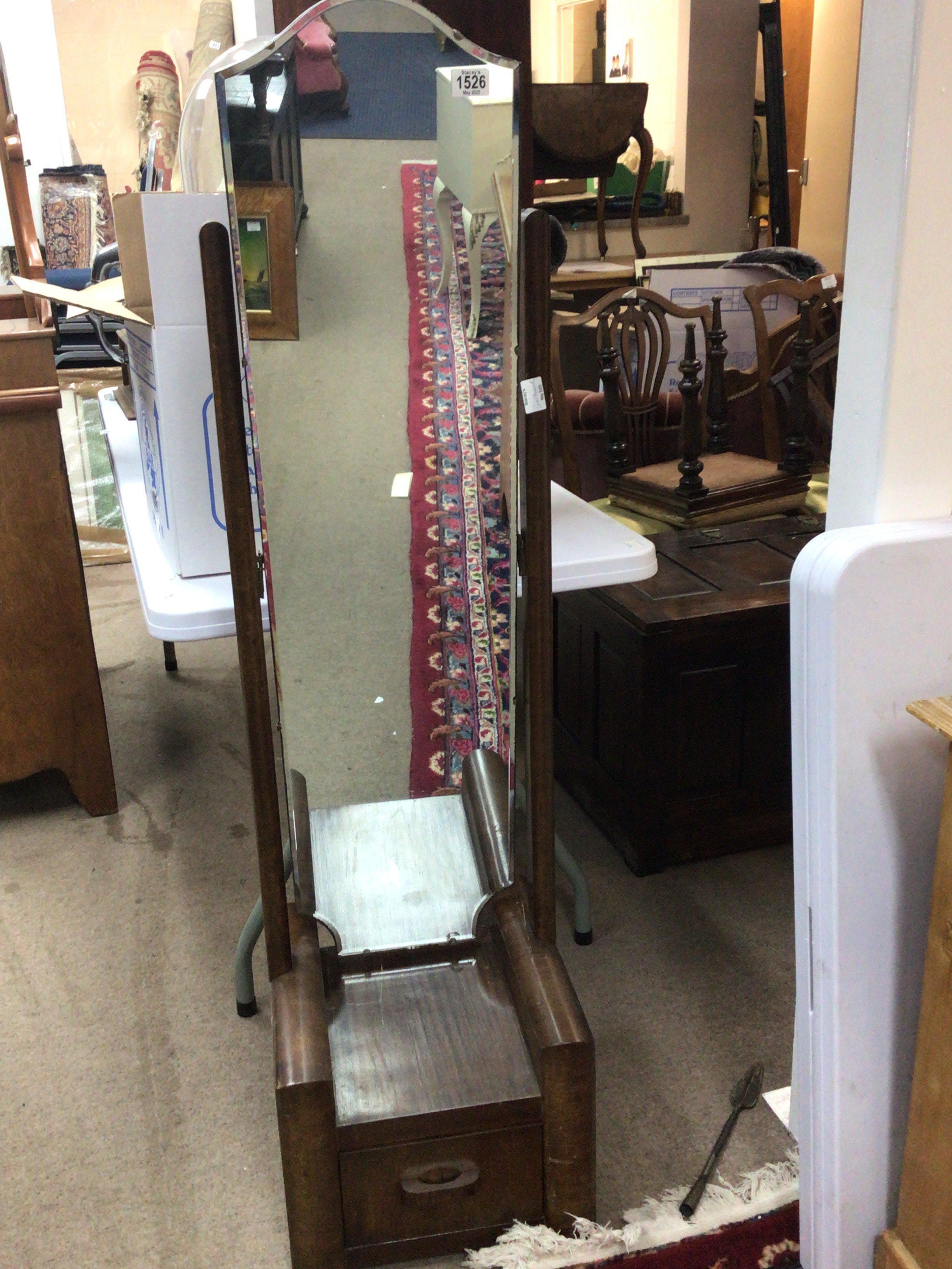 An Art Deco walnut dressing mirror the base with a drawer. NO RESERVE
