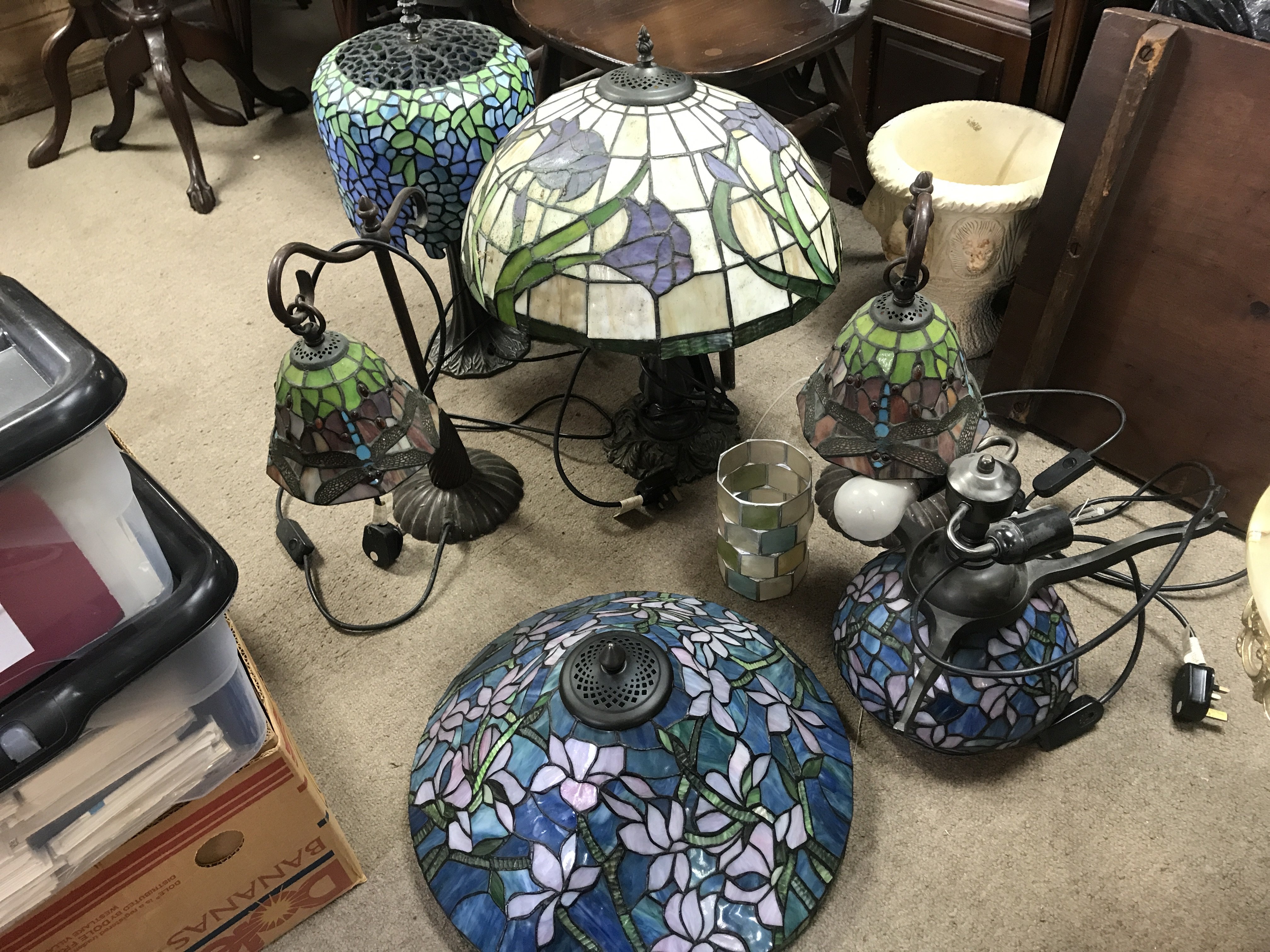 Retrospective copy Tiffany style coloured glass lamps . This lot cannot be posted