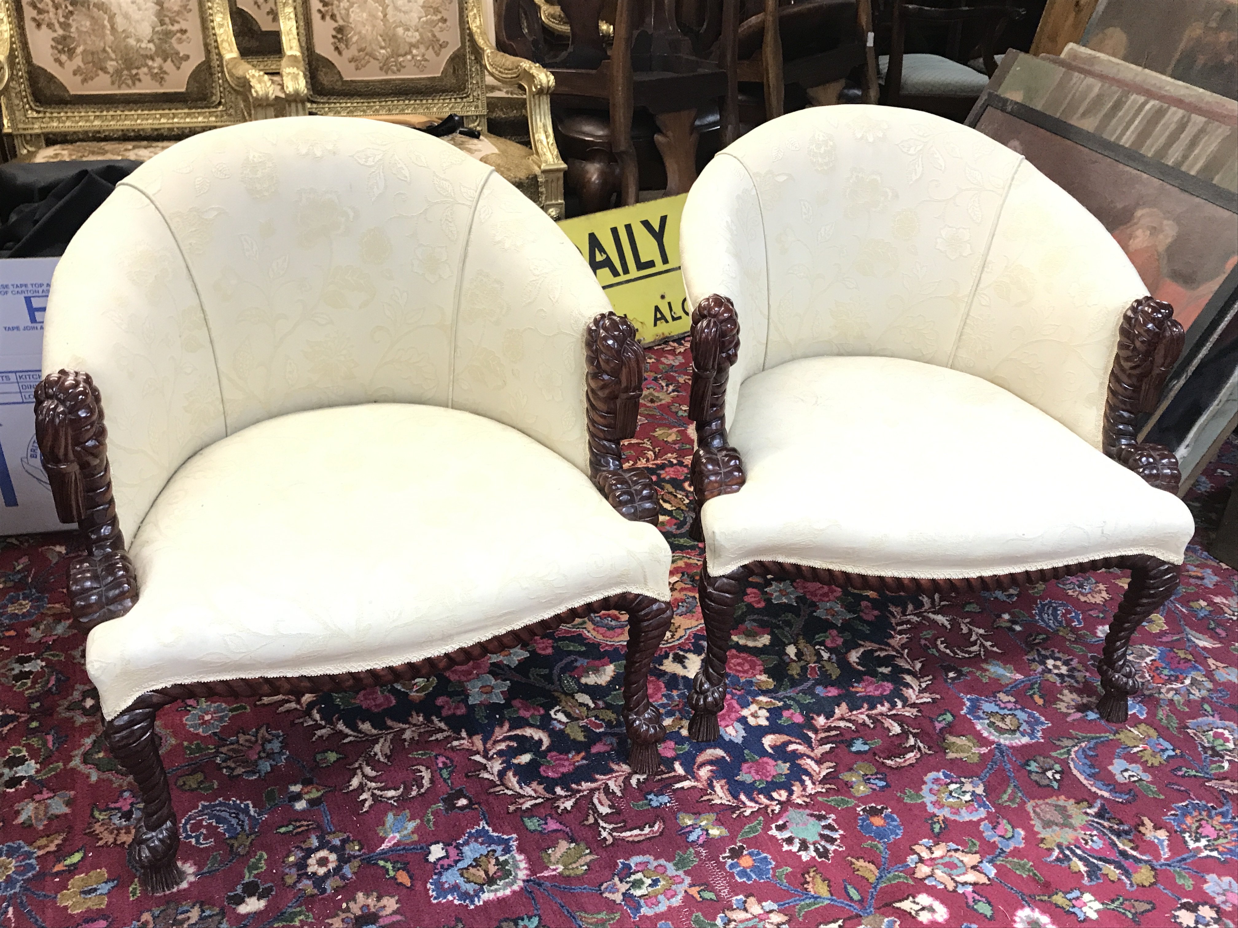 Rope twist Napoleon III style Chairs, back legs on one chair restored and damaged . 76 cm tall, 70cm wide