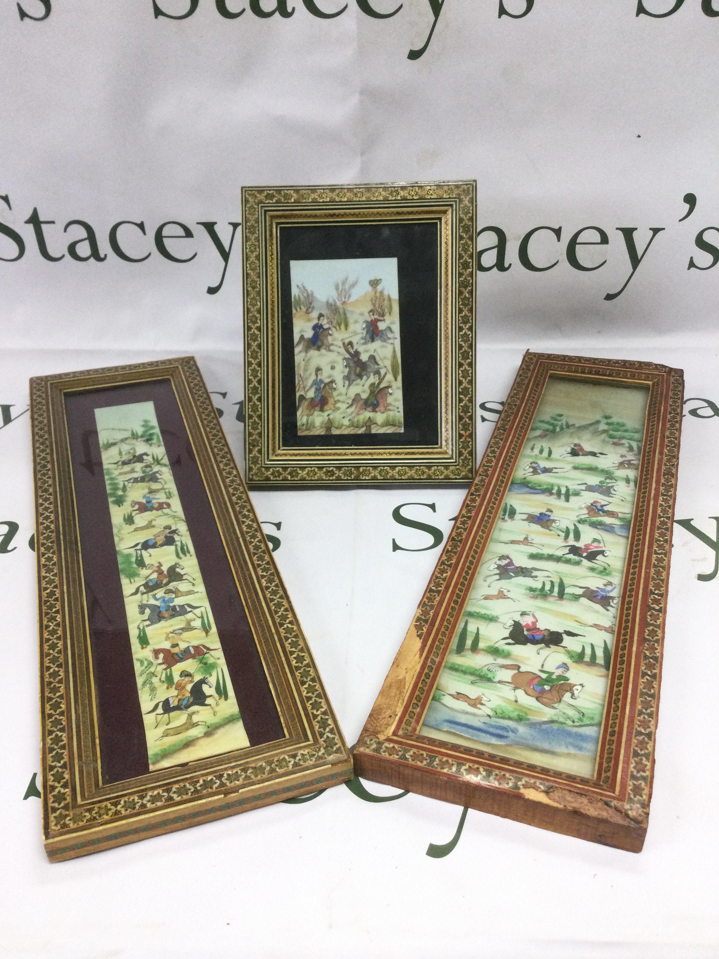 Three framed and glazed Indian paintings, largest approx 14cm x 49cm. Shipping category D.