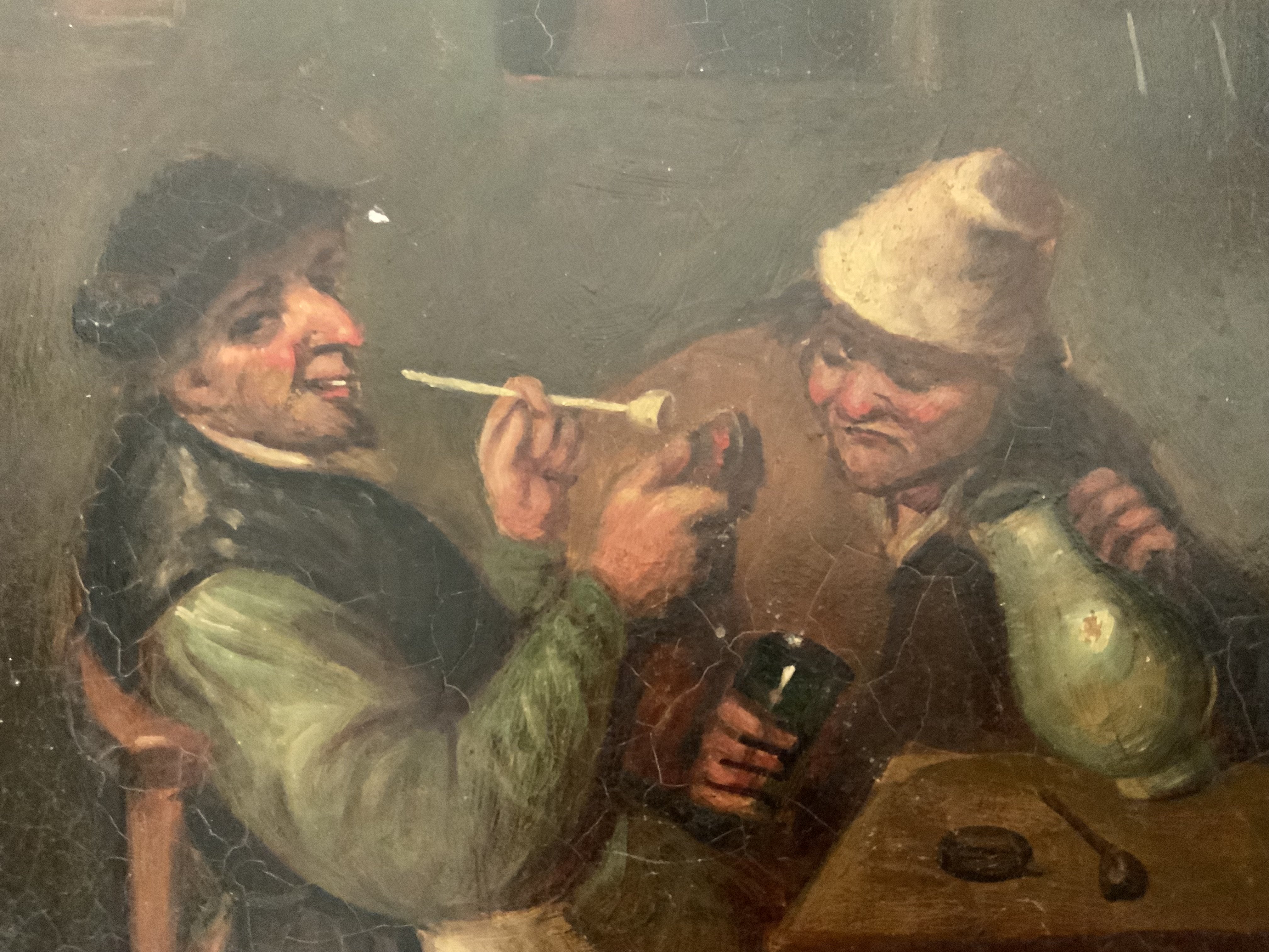 A small 19th Century oil on tin painting of 2 gents. Signed Ostard after Adrienne Van Ostade. 20cm x 17cm. (A)
