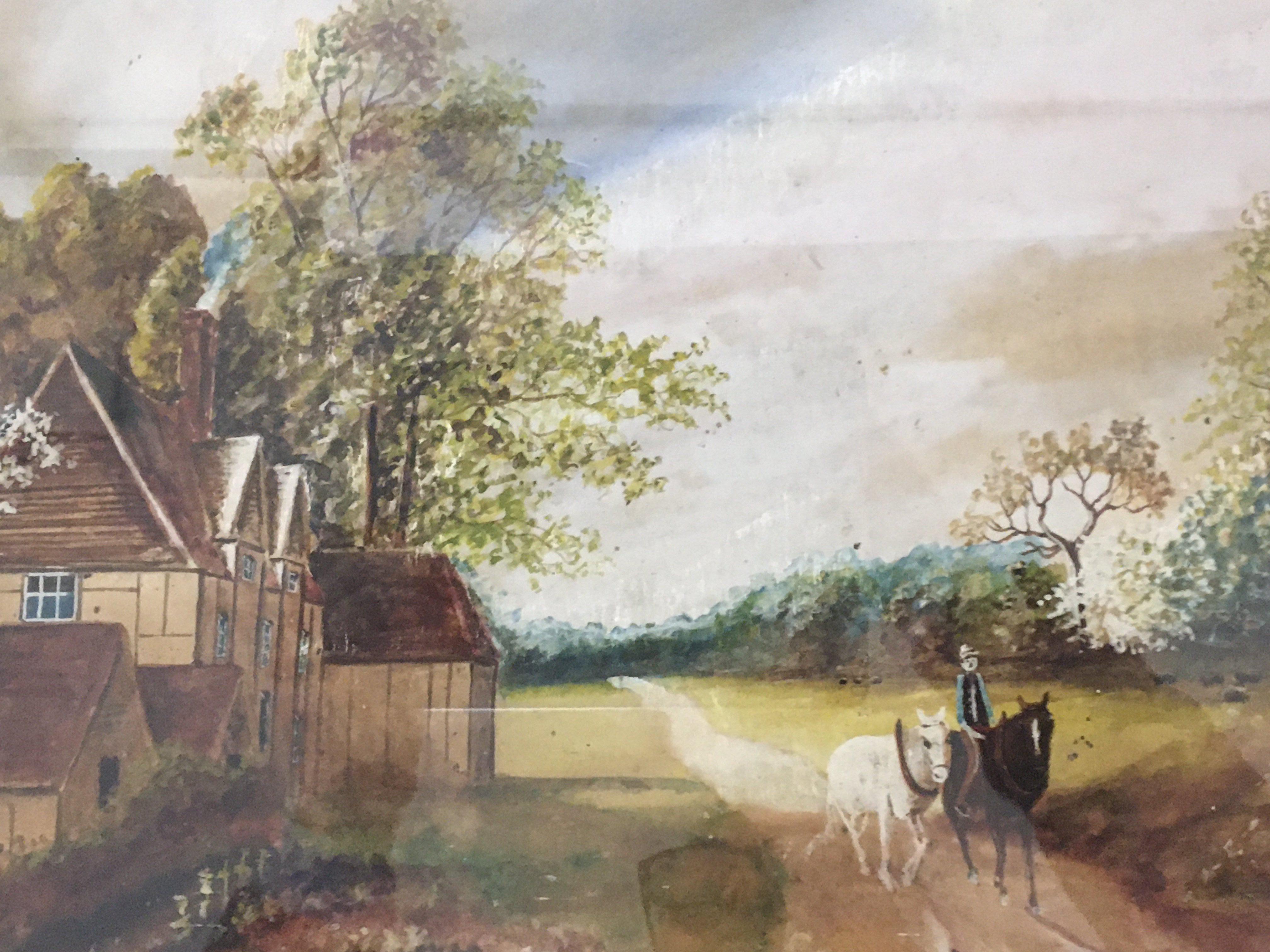 A pair of 19th century gilt framed Vernacular Naive watercolours a view of the Cockington Forge Torque and one other. 56x40cm (2). NO RESERVE