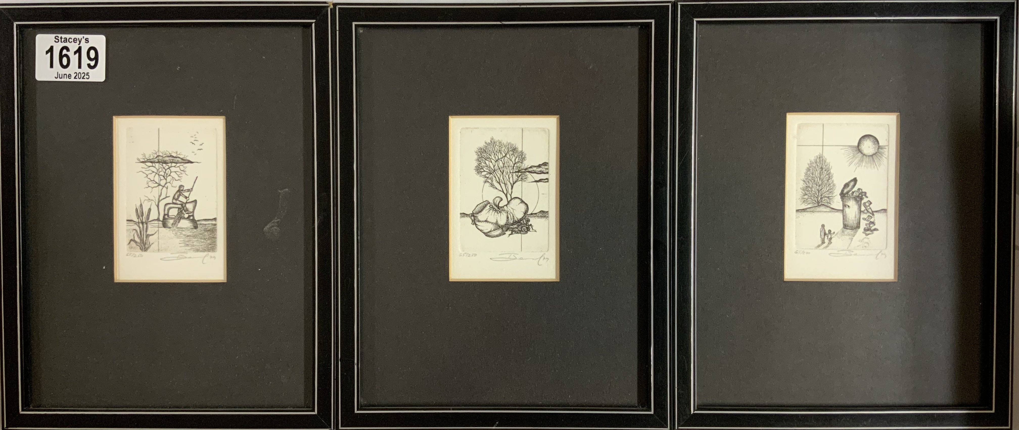 3 small framed etchings each signed limited editions. 23cm x 18cm.