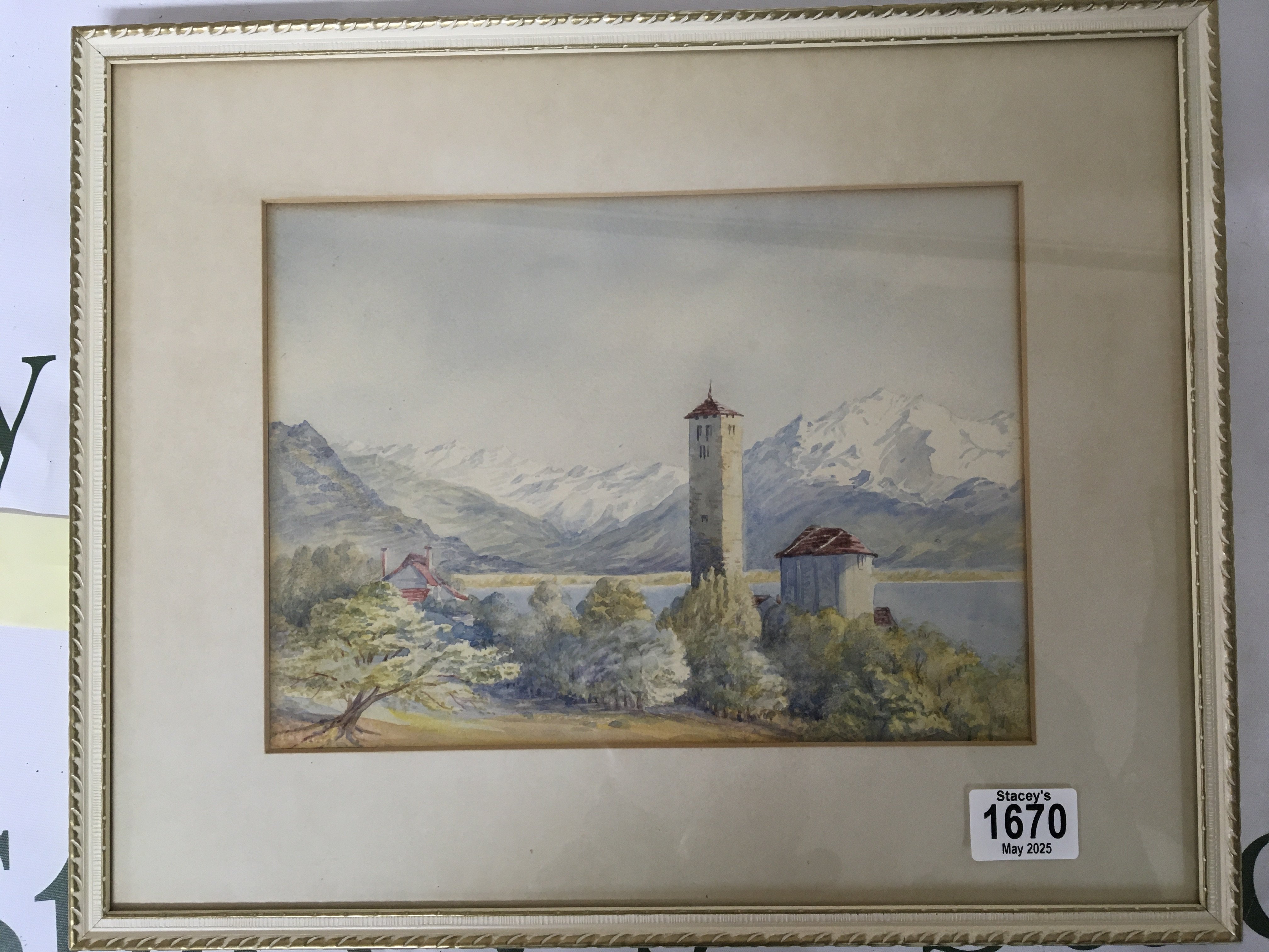 WITHDRAWN - A small Continental watercolour a view over lake Aorta Italy with mountains over a lake. 42x33cm. NO RESERVE