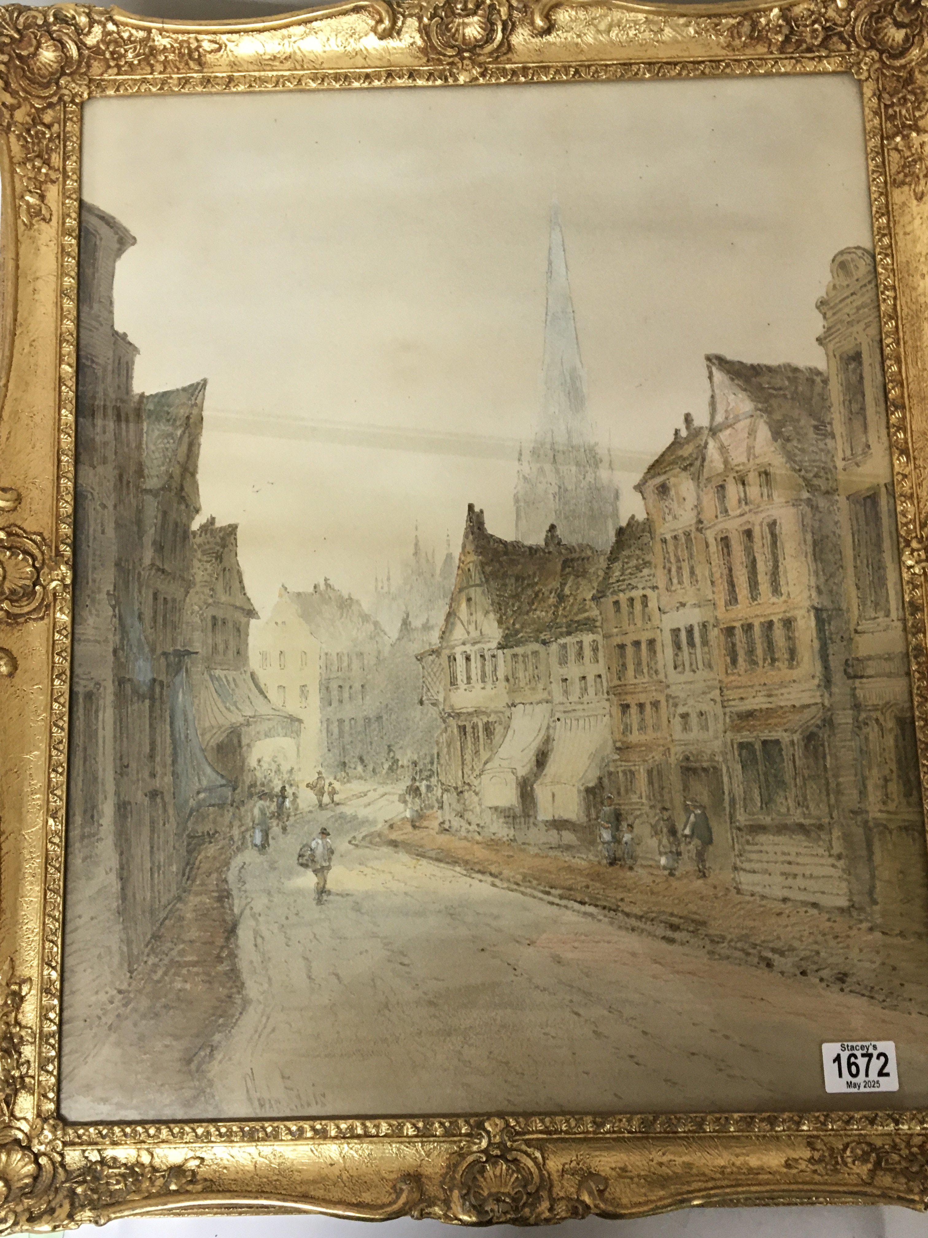 WITHDRAWN A large framed watercolour study of a Continental street scene with figures. Signed Chas Ellis.