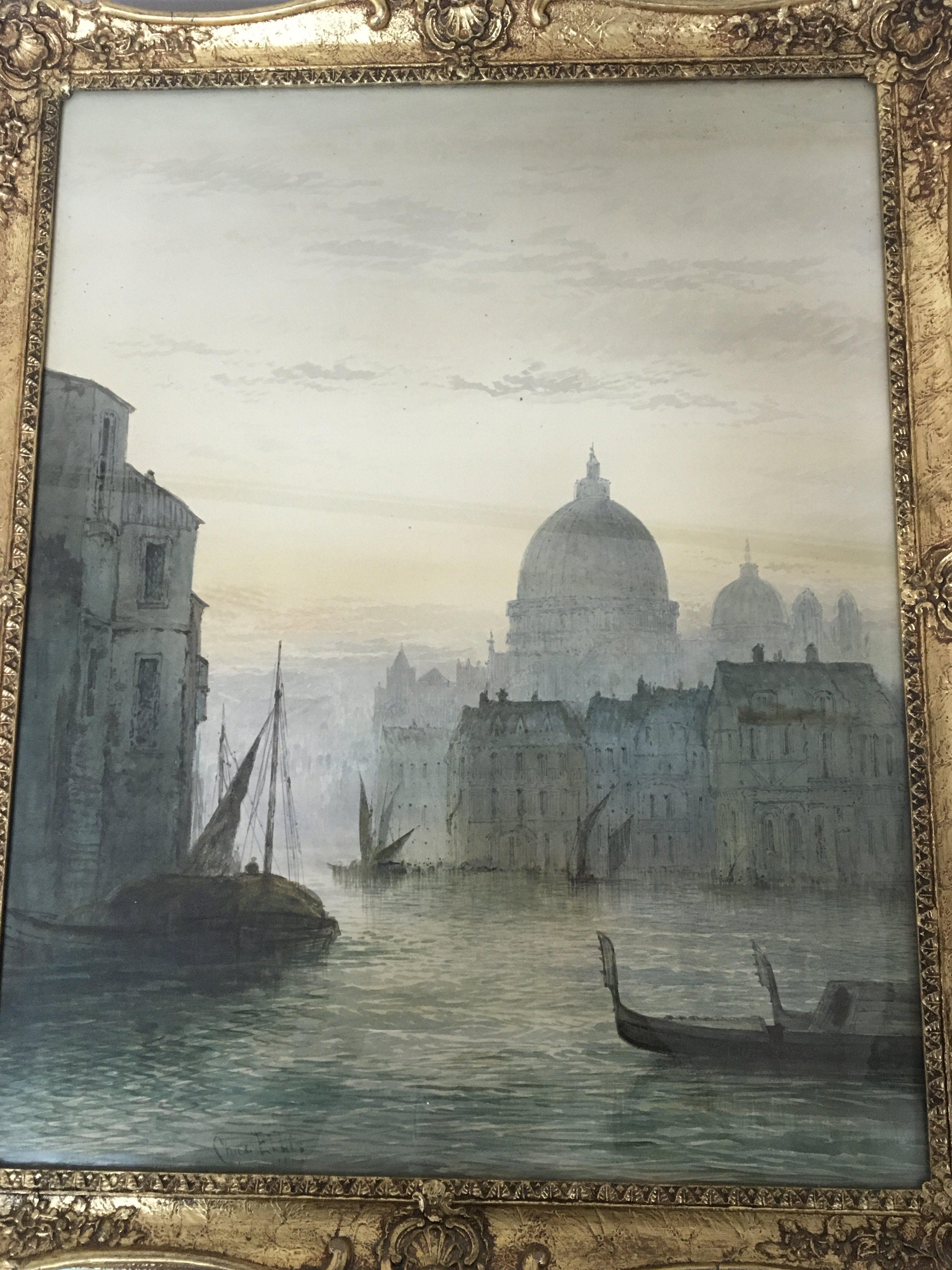 WITHDRAWN - A large well executed watercolour a view of a Venetian canal with merchant barges gondolas and architectural buildings. Signed Chas Ellis obscure date in a later modern gilt frame. 69x57cm