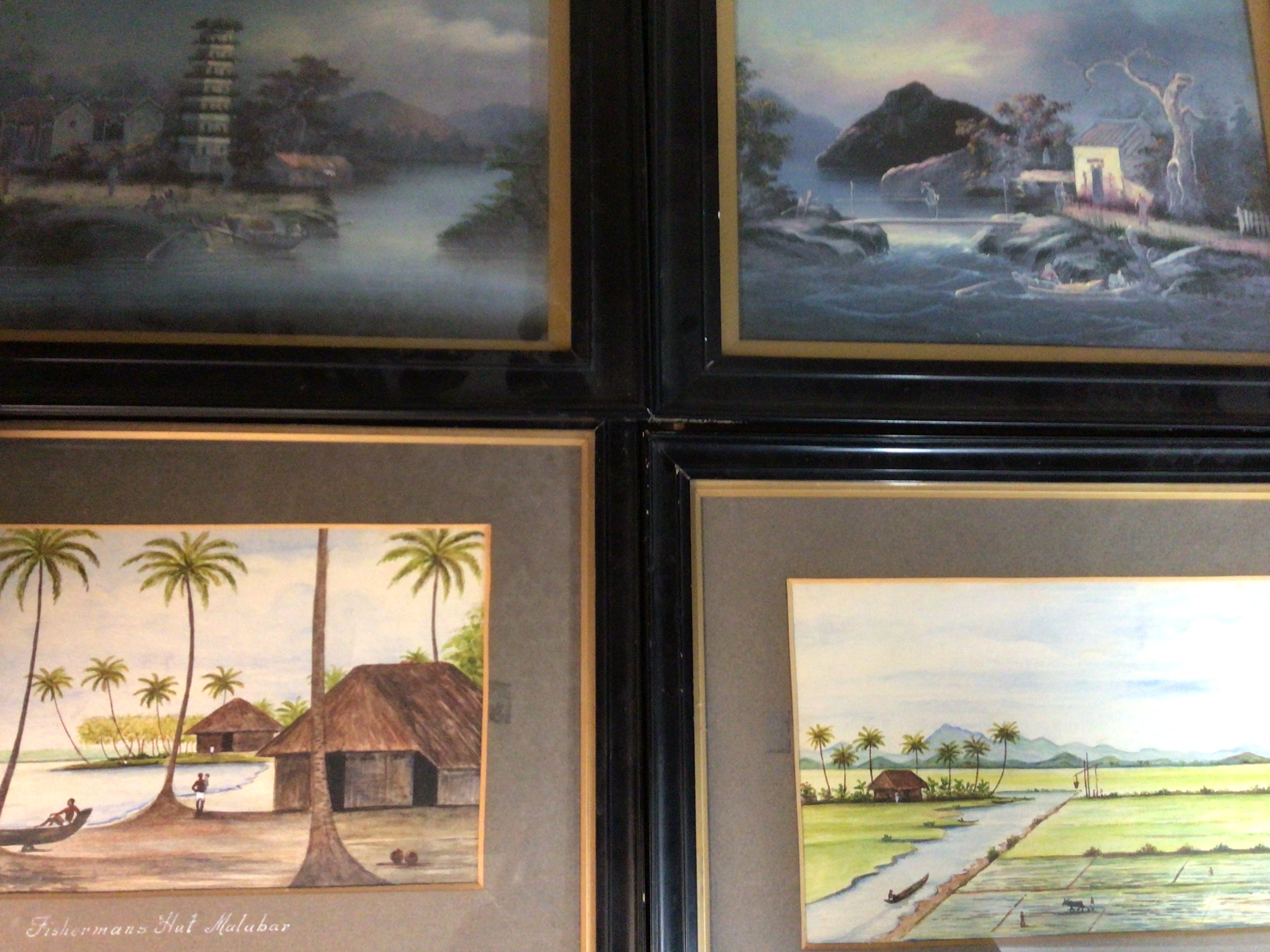A collection of various oriental style Gouache pictures including sea views. Various size frames including 32 x 31 cm and 33cm x 40cm