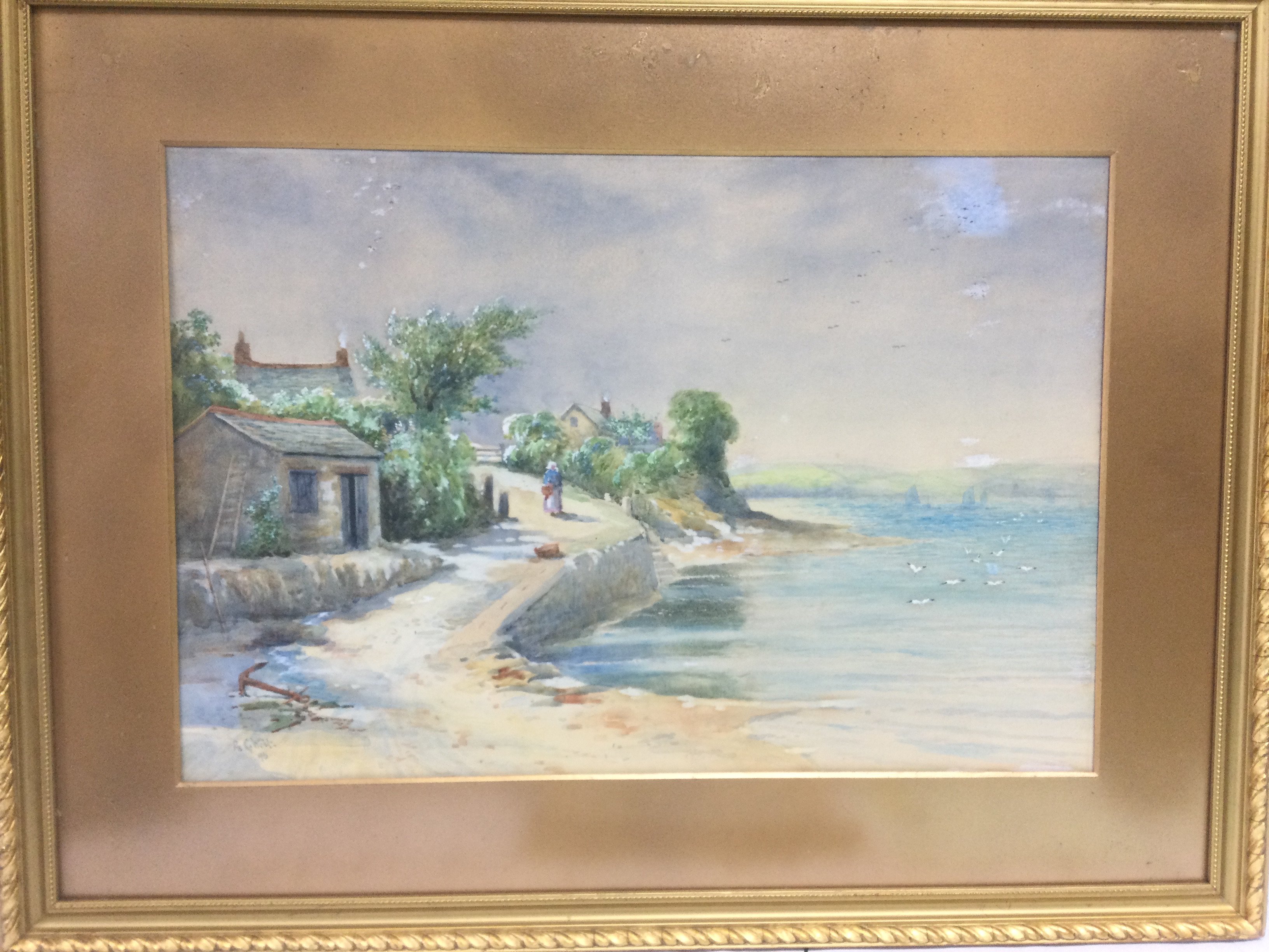 A gilt framed watercolour of a harbourside scene, approx 76cm x 58cm plus a quantity of small 19th Century unframed prints (2). Shipping category D.