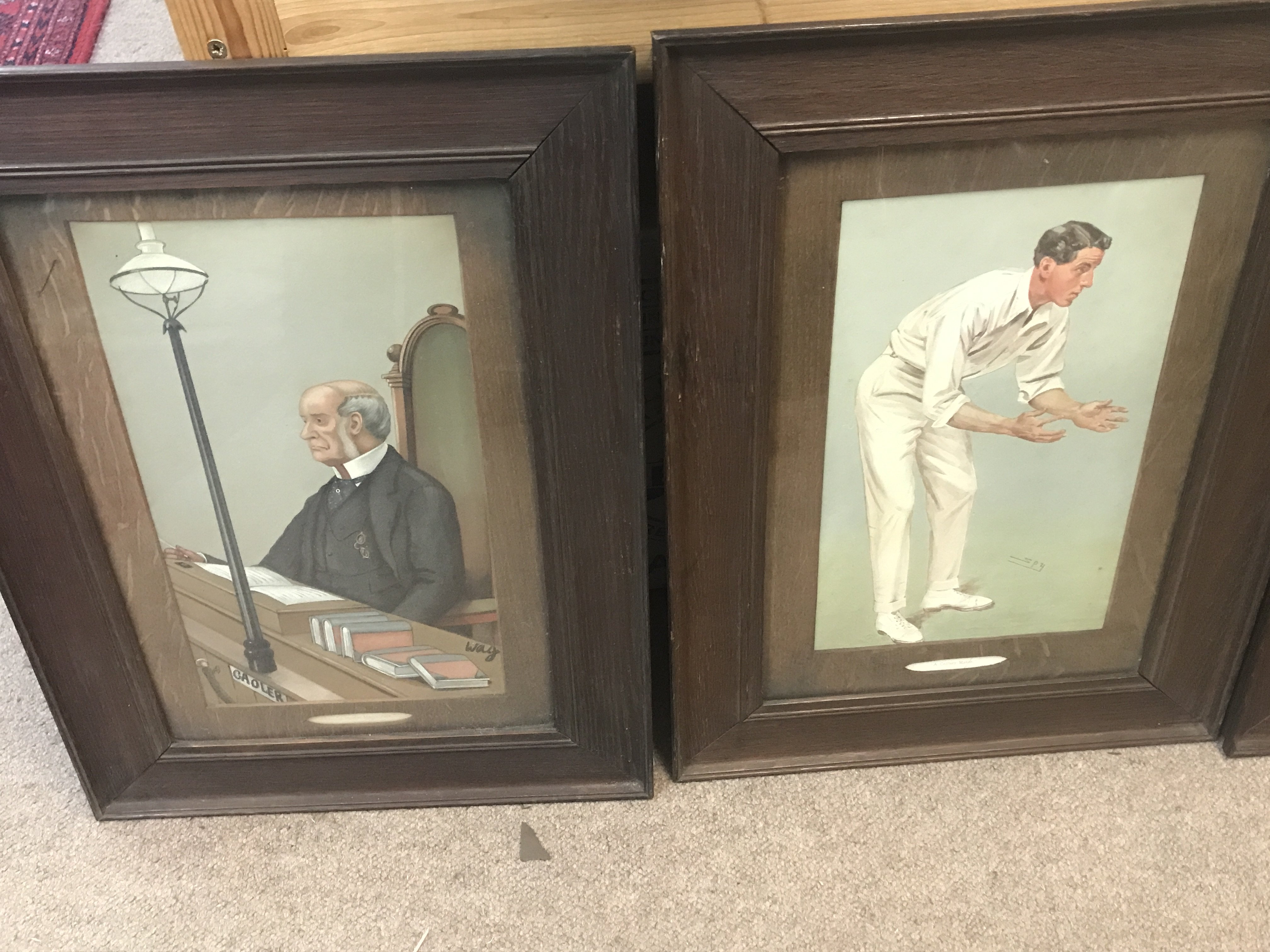 A collection of framed and unframed spy prints. Including cricket players and lawyers.