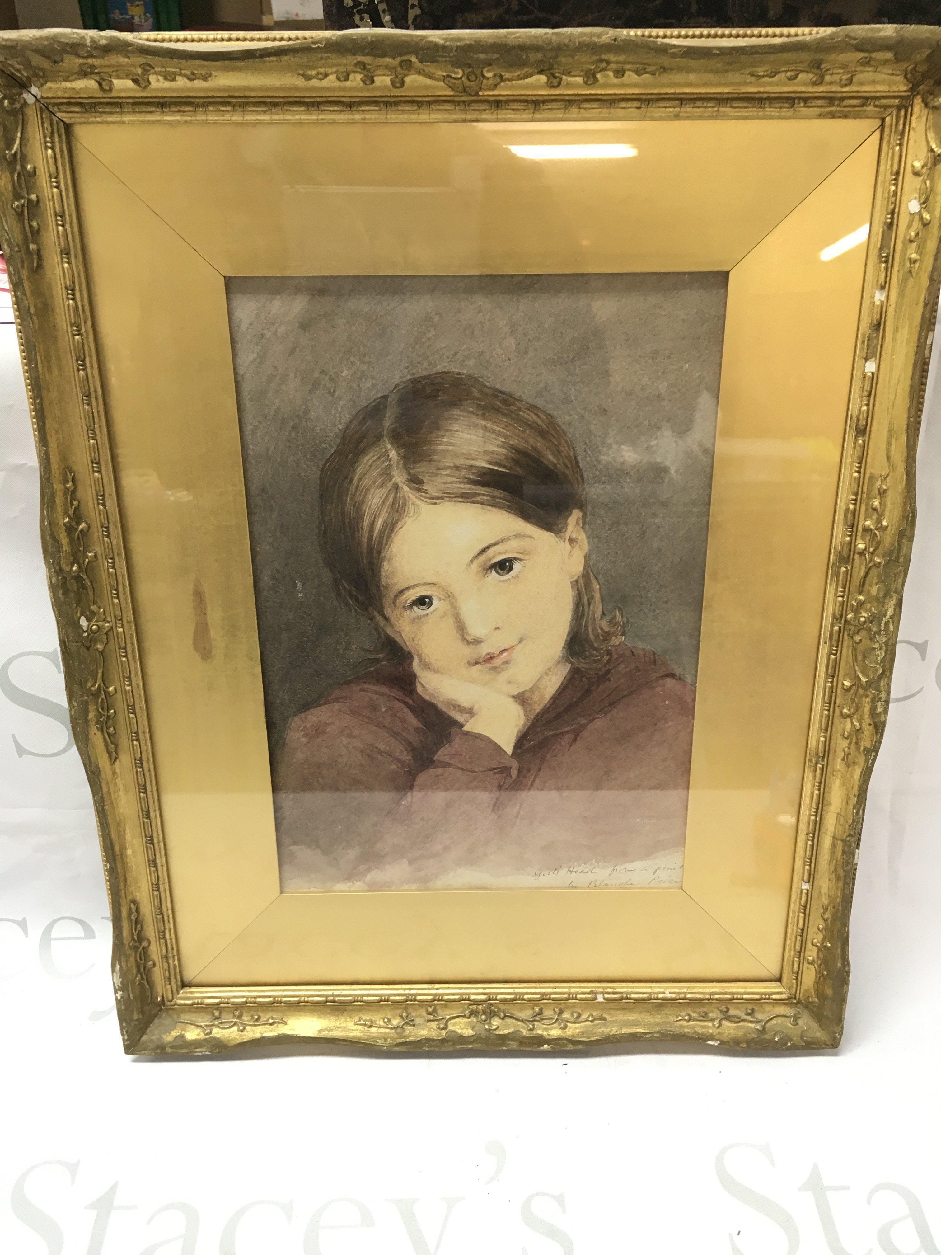 A gilt framed portrait watercolour of a young girl, dimensions 40x50cm