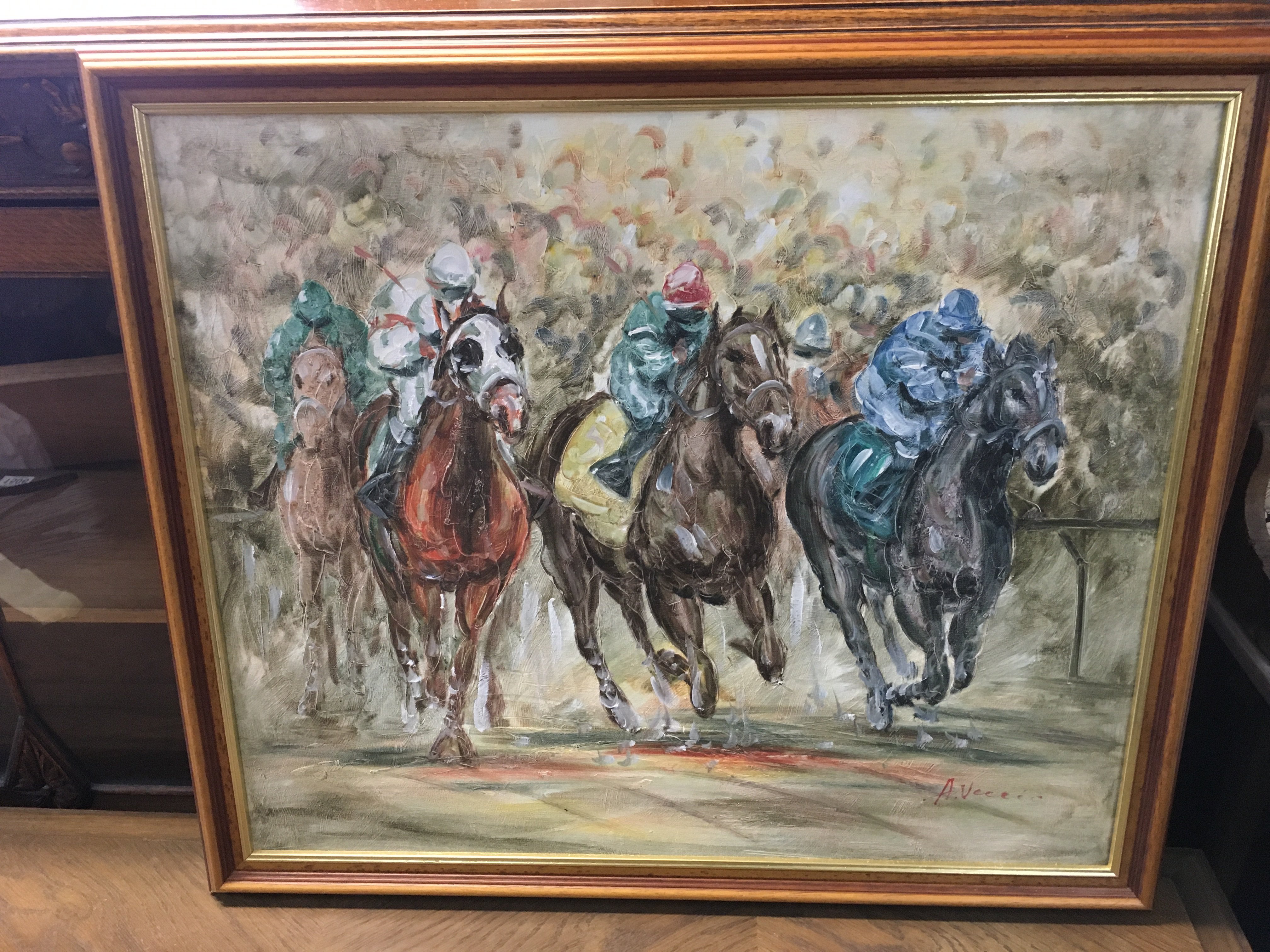 A framed Anthony Vecchio Horse Racing oil painting 67x57cm