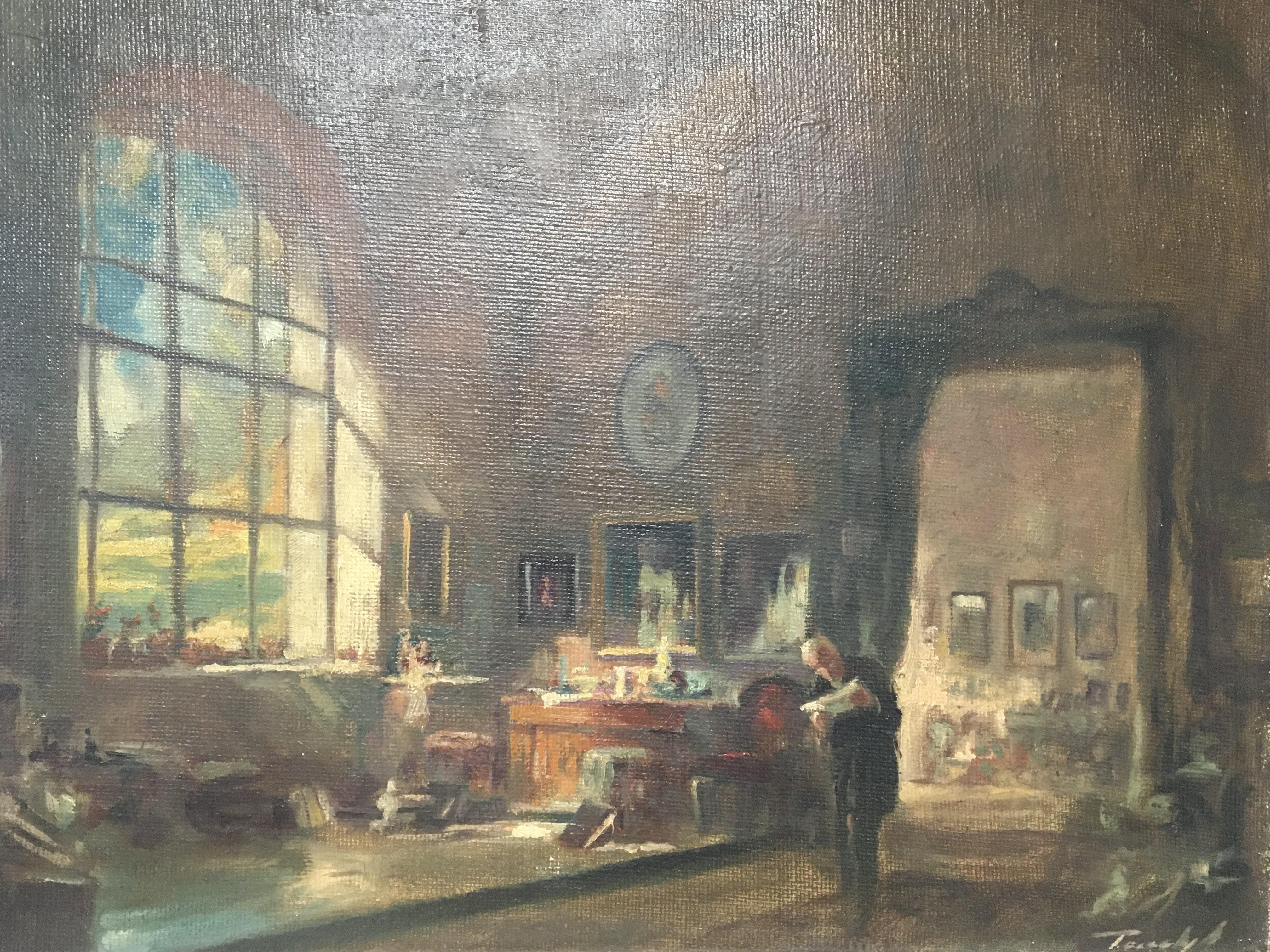 A framed oil painting Early 20th century study of a grand interior with a figure reading correspondence. Signed lower right by Antel Peczely. Hungry 1891-1960. 65x57cm