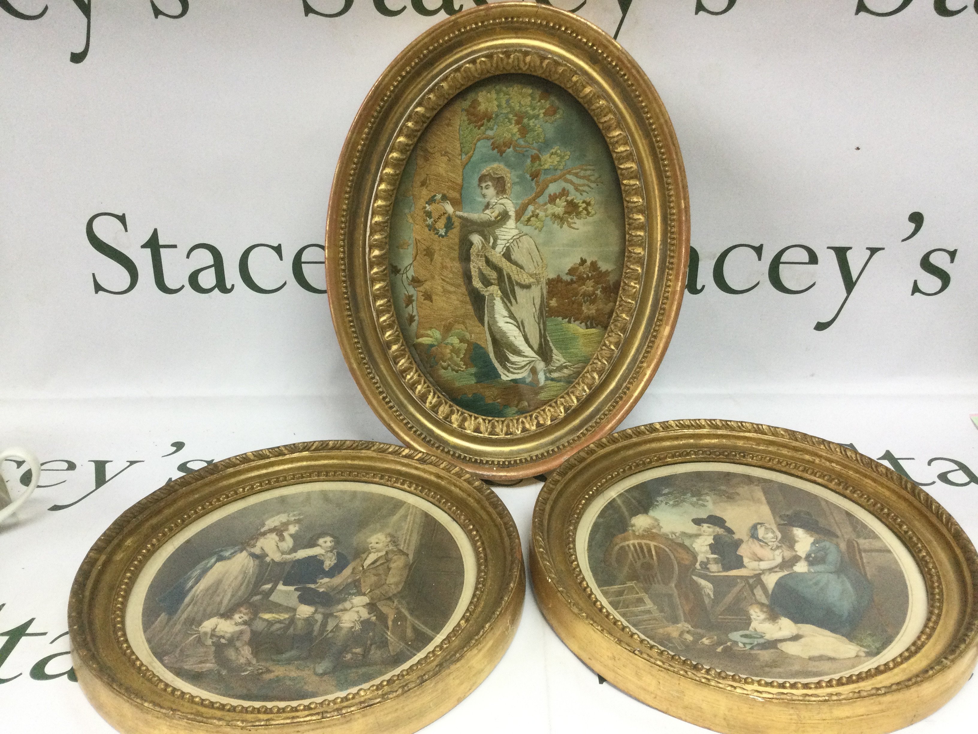 A gilt framed Victorian needlepoint picture, two gilt framed prints and other prints and pictures. Shipping category D.