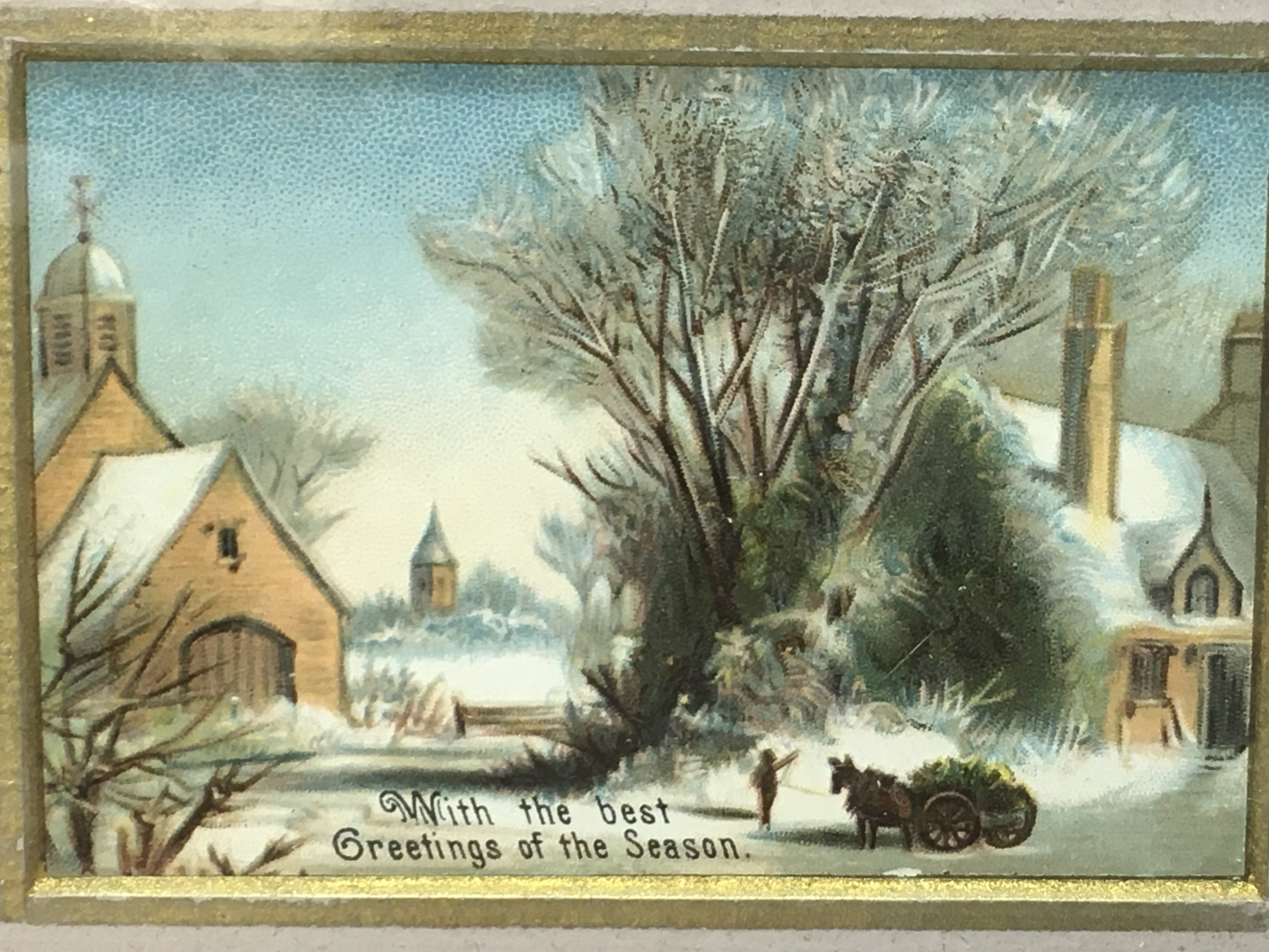 A framed original Victorian Christmas Greetings card , colour printed circa 1875. Frame dimensions 14.5x14.5cm Postage category A if posted without frame or could be posted at buyers risk of the glass becoming damaged. NO RESERVE