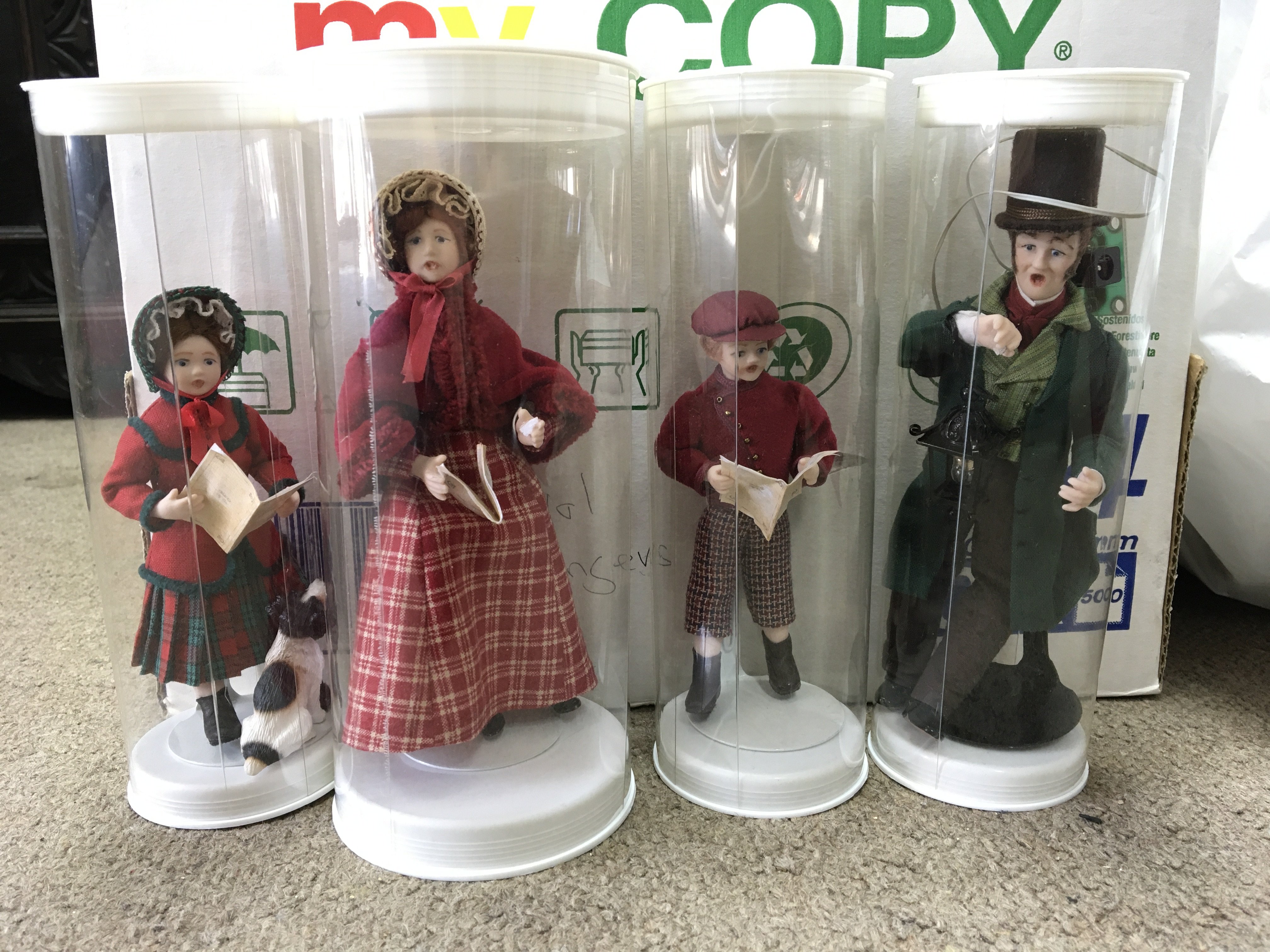 A collection of assorted vintage items including Kaiser Carol singer figures, miniature singer sewing machine, vintage childrens clothes, gloves etc. Postage category C. NO RESERVE