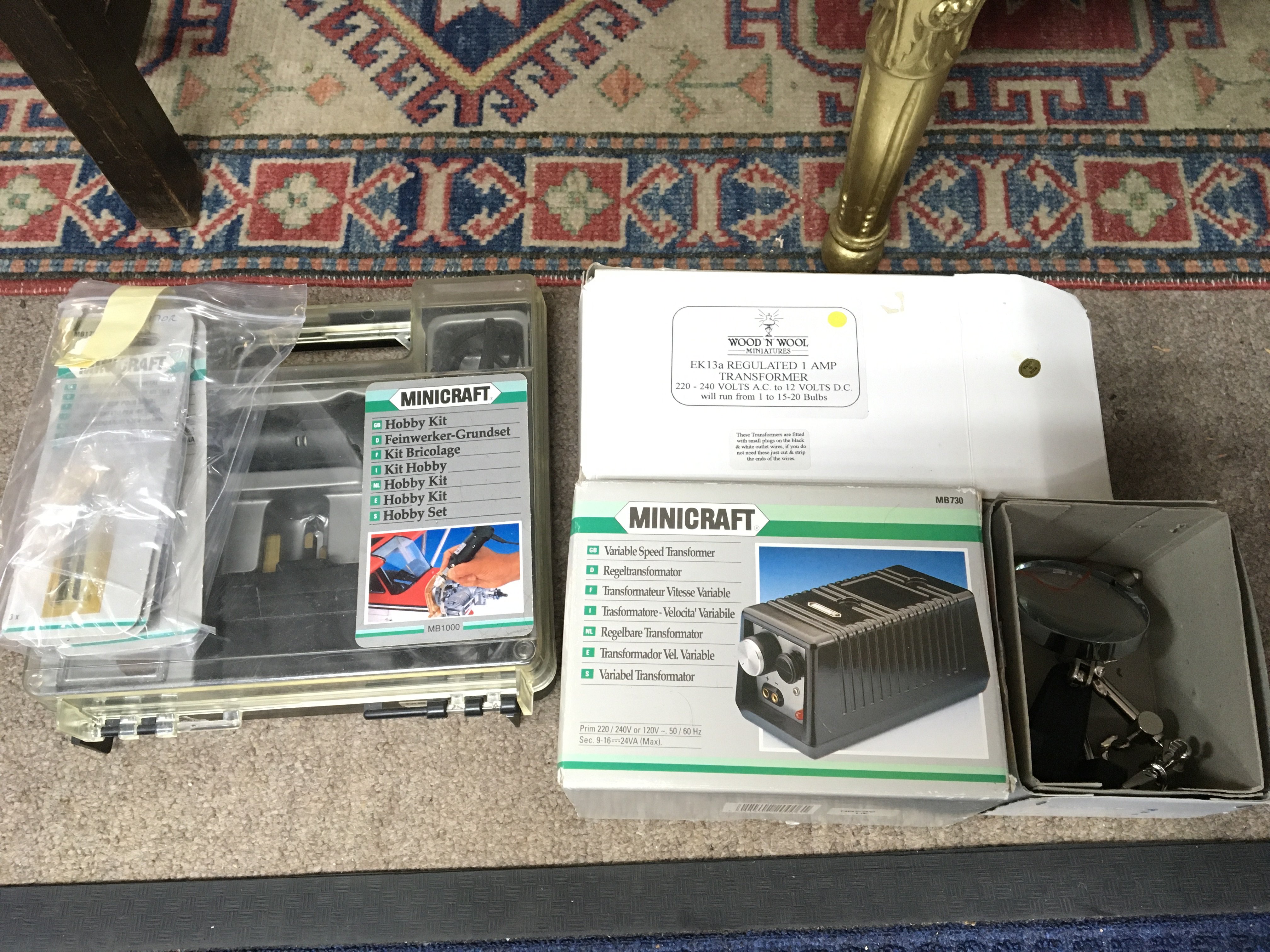 Vintage equipment including boxed Minicraft variable speed transformer, Minicraft hobby kit, Victor transformer rectifier unit, postage category C. NO RESERVE