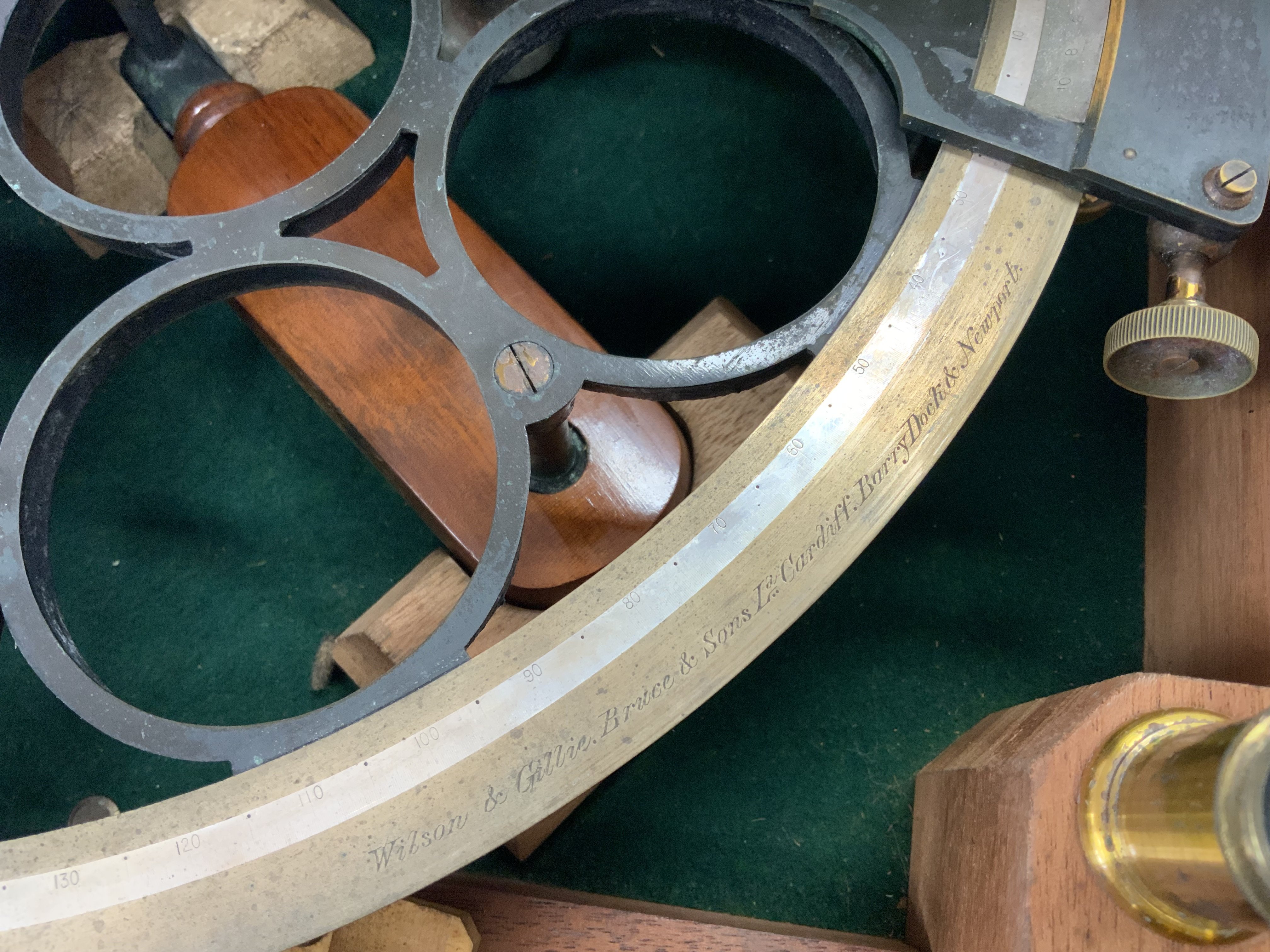 A cased 19th century brass sextant by Wilson, Gillie, Bruce & Sons Ltd, Cardiff, with accessories (C)