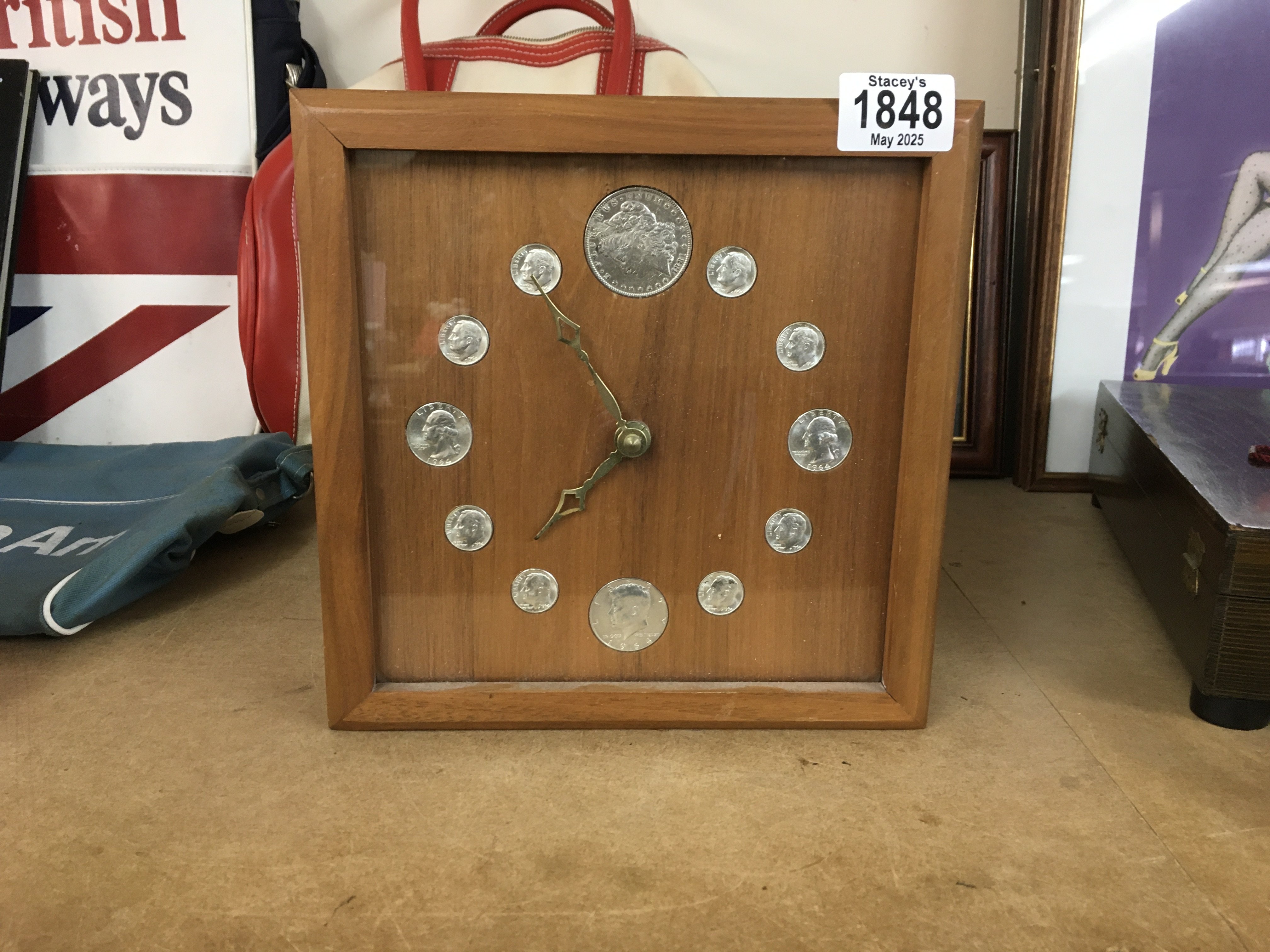 Square wooden clock with various 1881 and 1964 USA coins as markers around the clock face along with a resin cube filled with various USA coins from 1776 to 1976. NO RESERVE