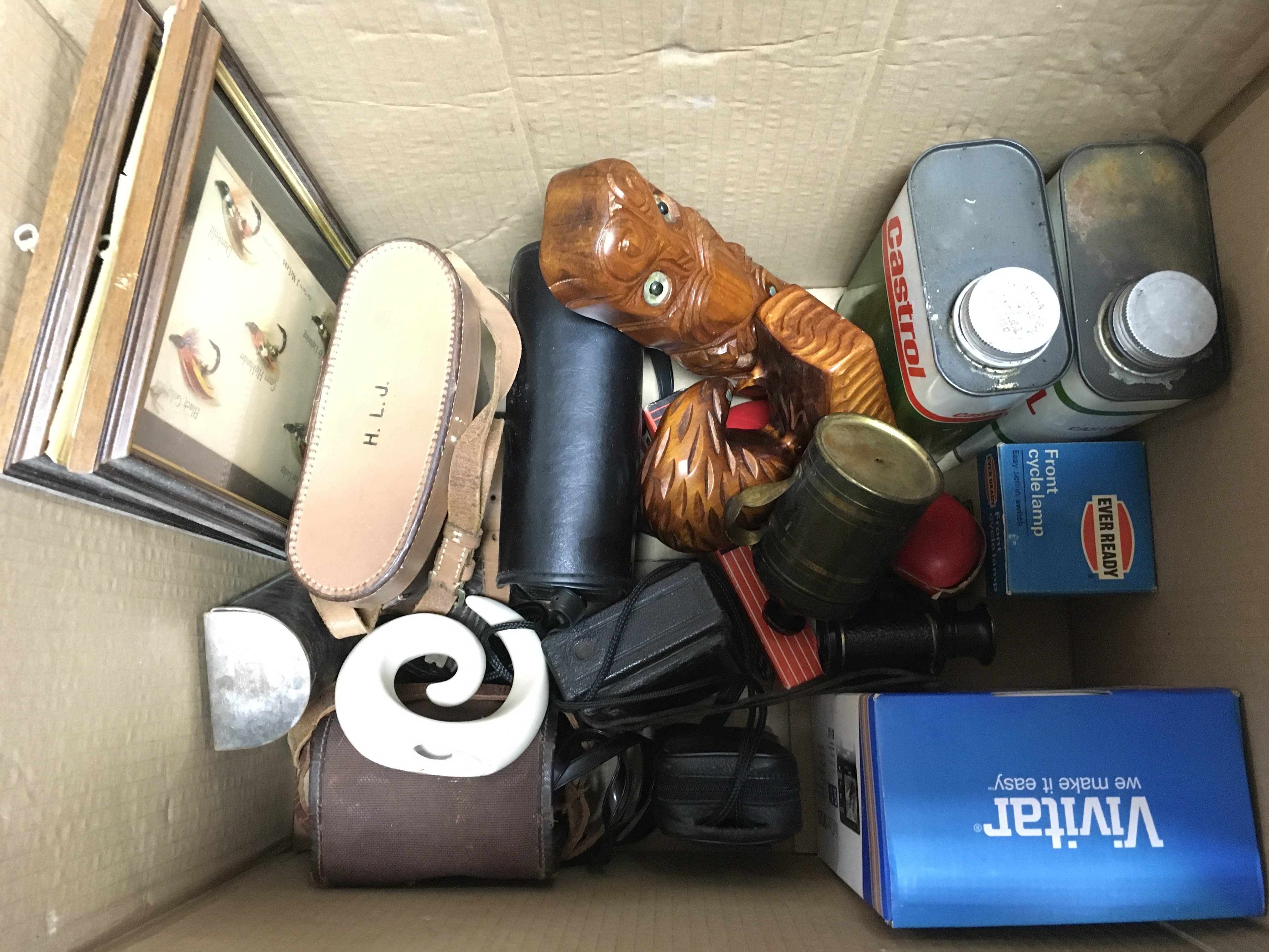 A collection of items including binoculars Carl Zeiss Jena Deltrintem 8x30, Ensign Ful vue camera, castrol oil cans, framed fishing flies etc. no reserve
