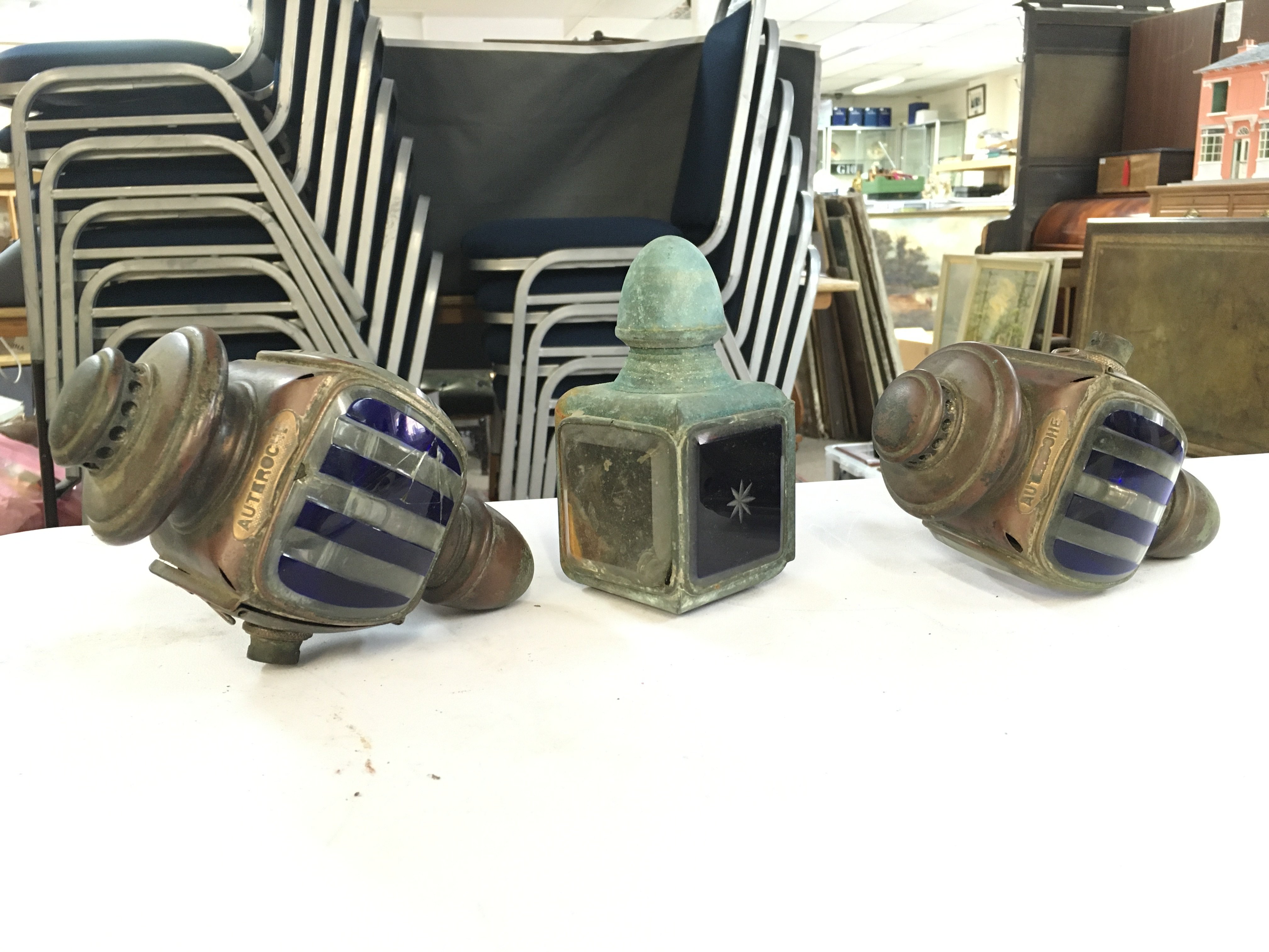 Three vintage automobile lamps . This lot cannot be posted