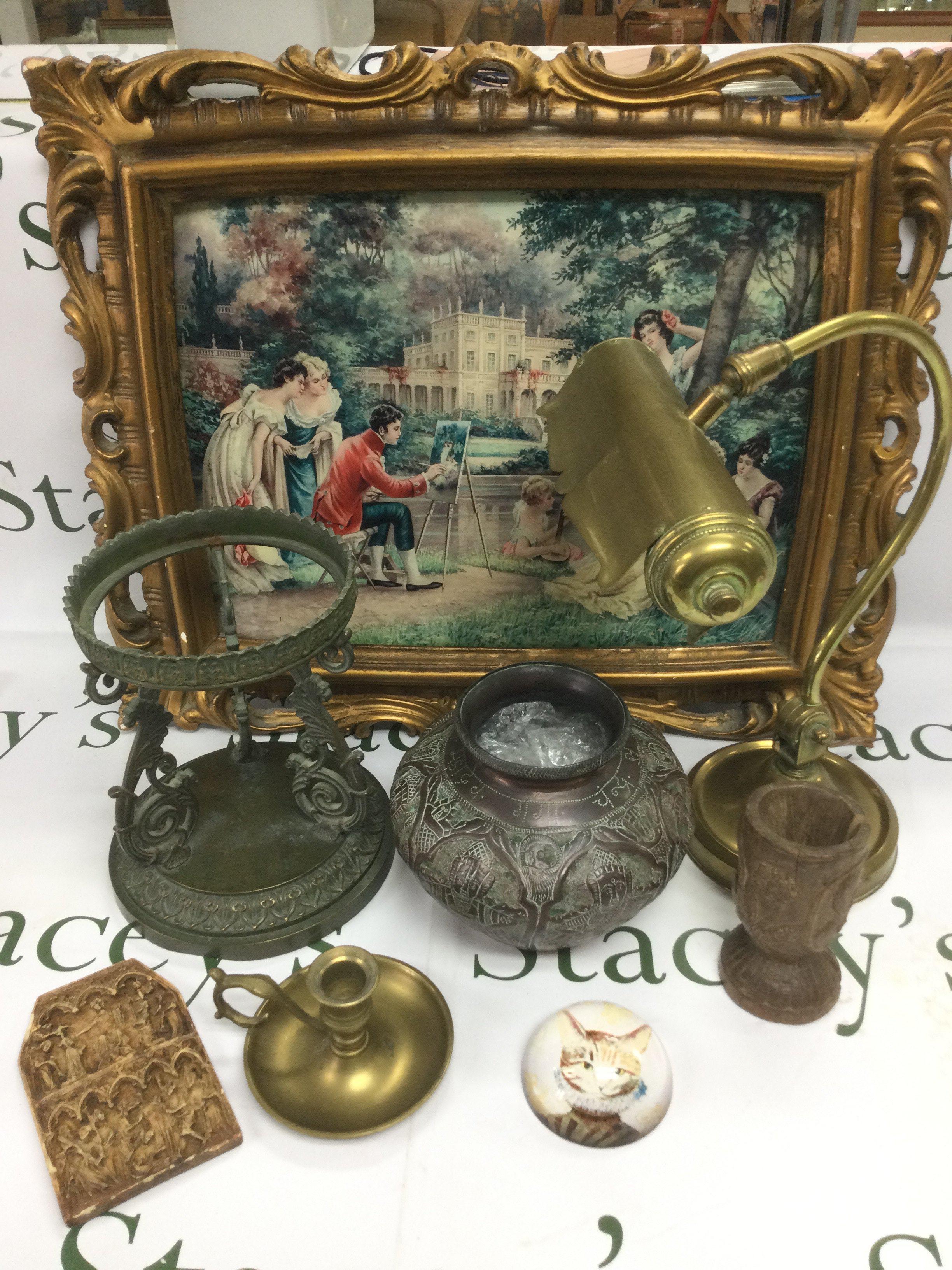 A vintage brasstable lamp, copper vase, brass candlestick etc. Shipping category D.