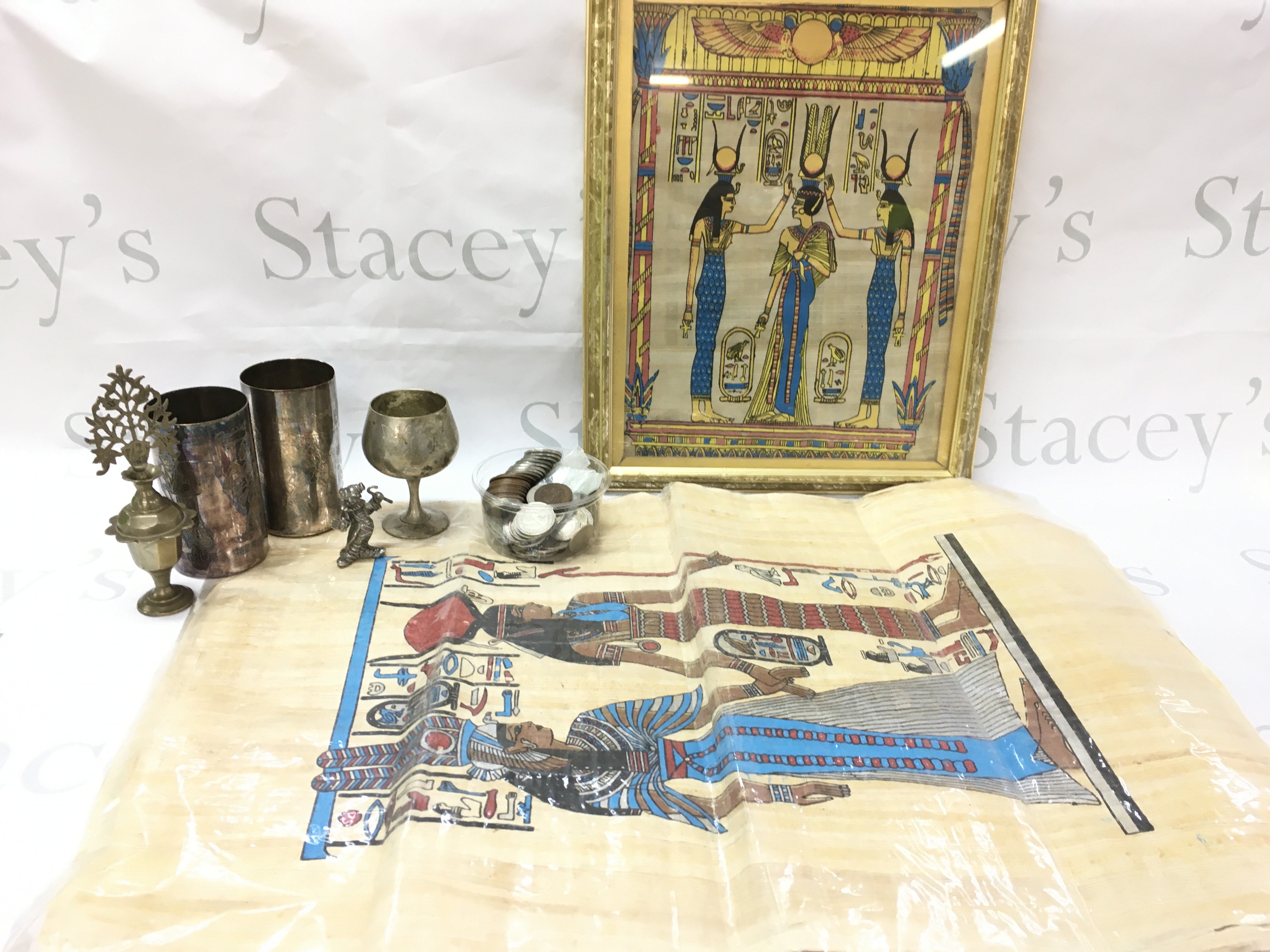 A collection of world coins, silver plated items and Egyptian papyrus. No reserve Postage category C