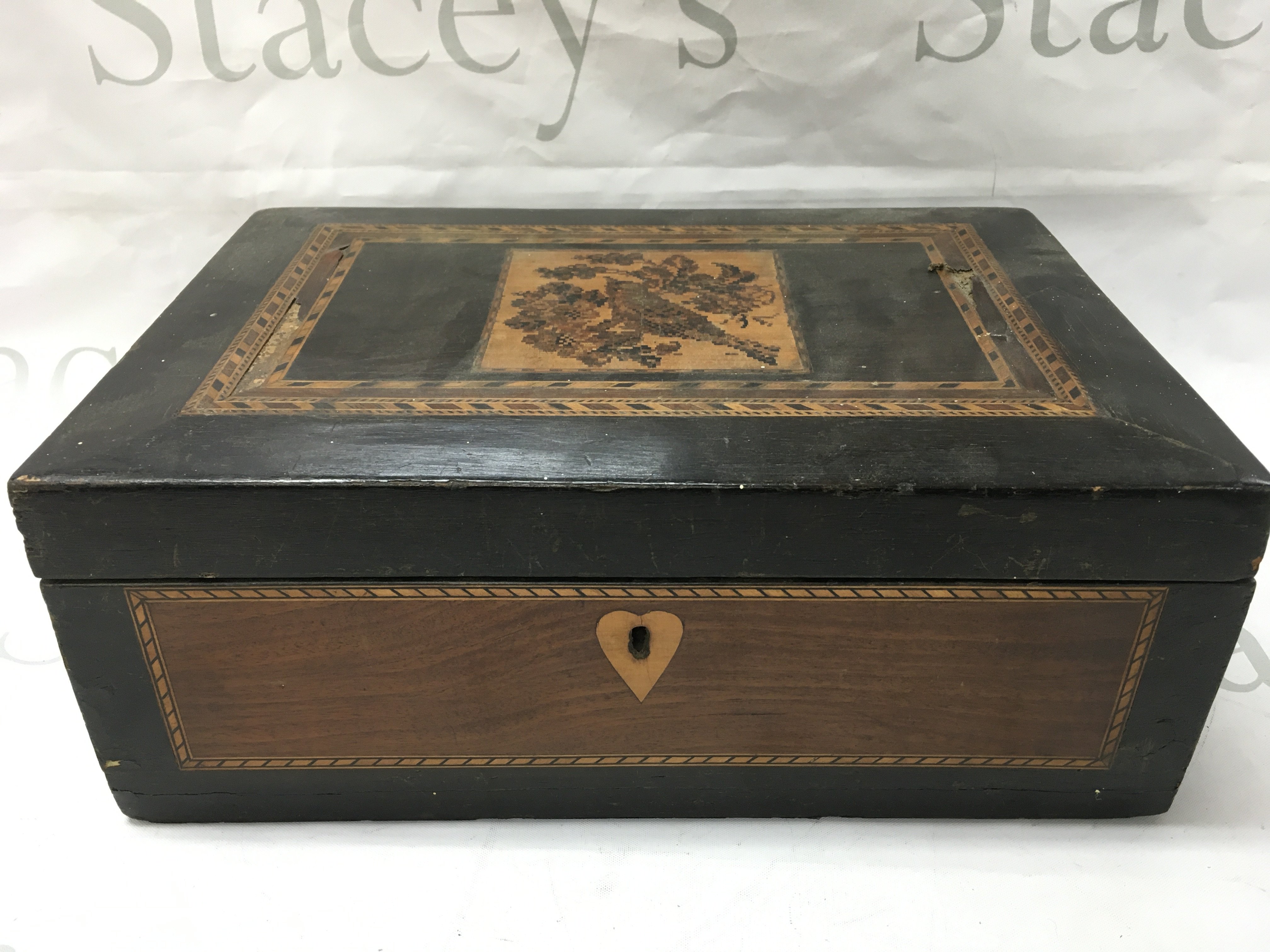 A Tunbridge Ware box dimensions 31cm wide 21cm long 12cm tall. Postage category C