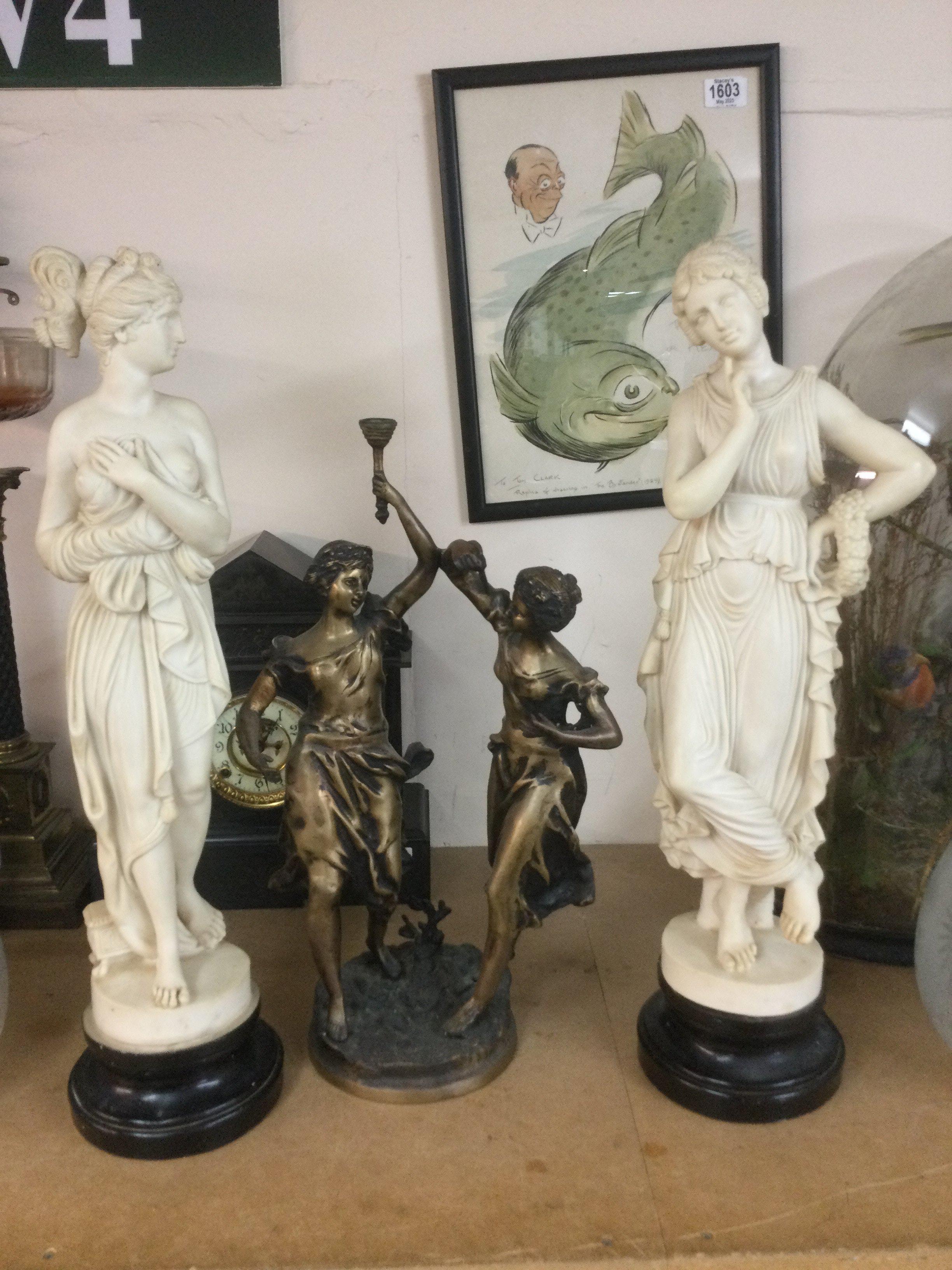 A bronzed figural group of two classical figures plus a further pair of Classical figures (3. Tallest approx 62cm. . Shipping category D.